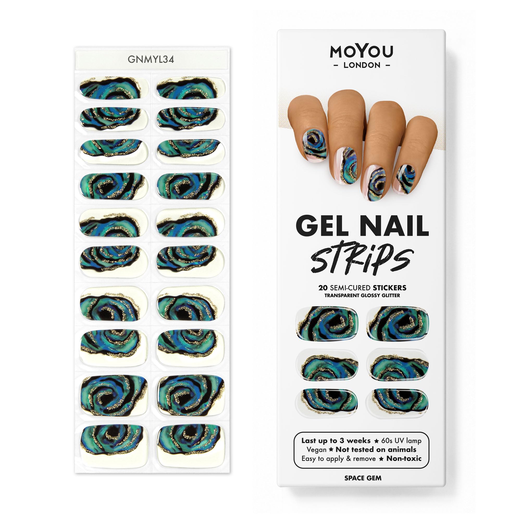 MOYOU LONDON Semi Cured Gel Nail Strips - 20 Pcs. Nail Wraps for Salon-Quality Manicure - Works with Any UV Nail Lamp - Easy to Apply, Trim, & Remove Gel Nail Stickers