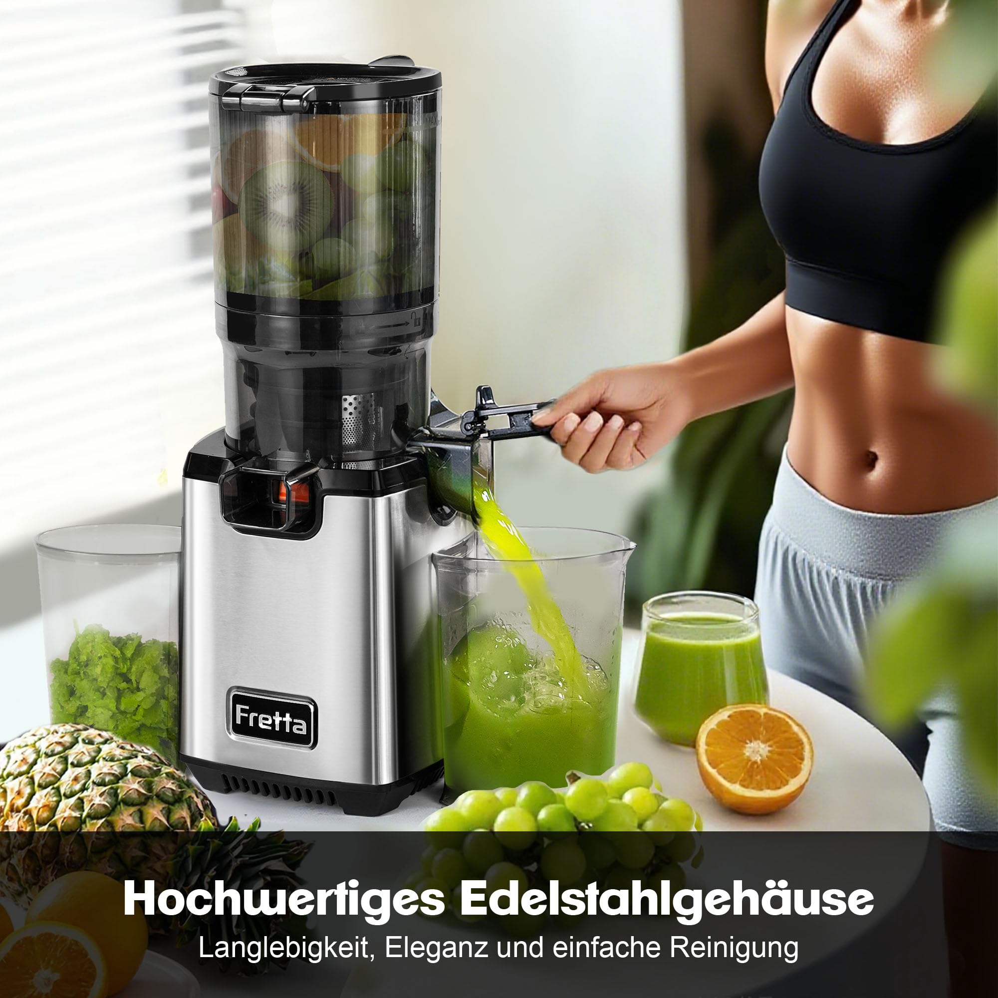 Fretta Entsafter Slow Juicer Entsafter Gemüse und Obst Testsieger Edelstahl | BPA-frei,Einfache Reinigung,Leise, Hohe Saftausbeute,Ganze Früchte,Leistungsstarke 250W,130mm Großem Öffnung,Reverse-Funktion