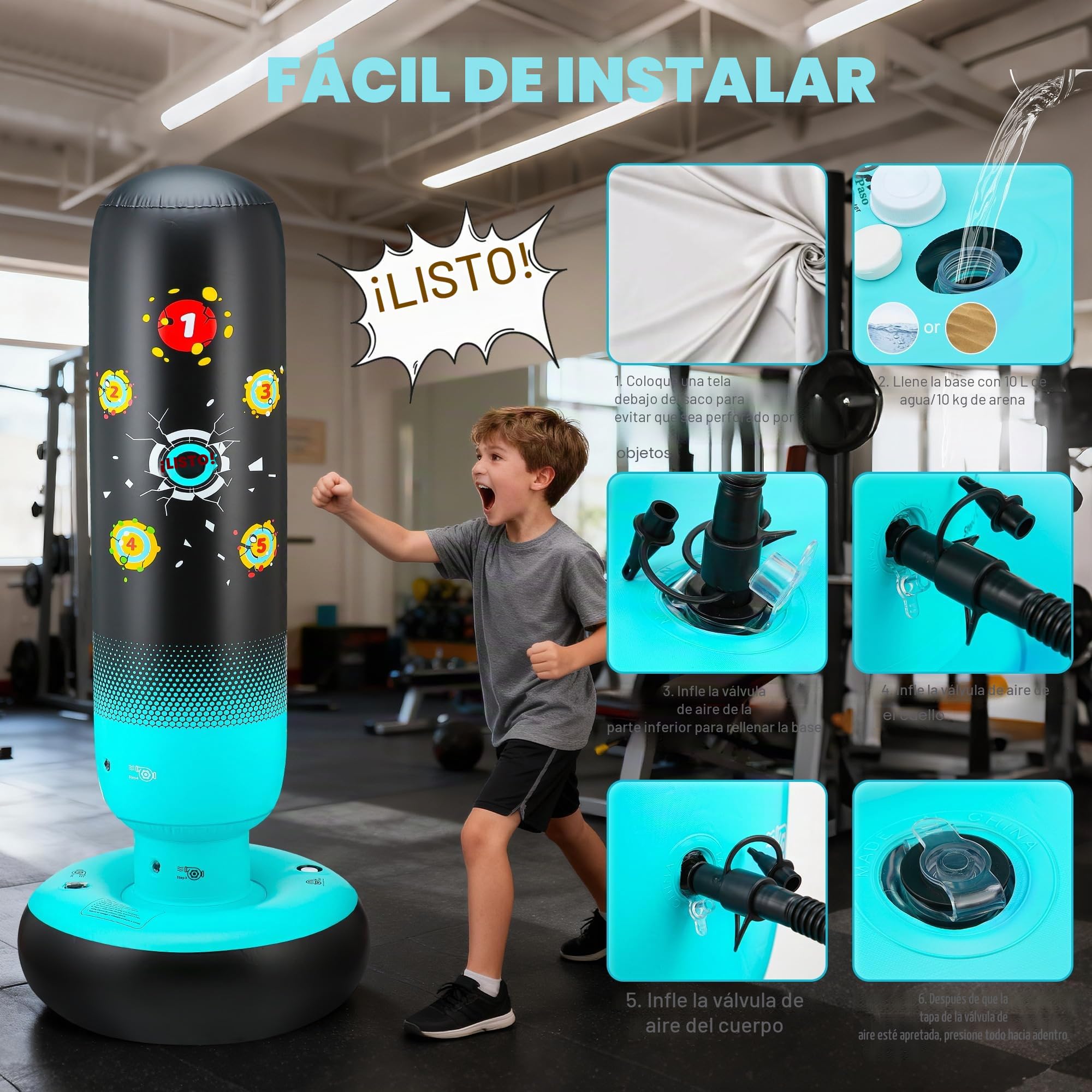 Saco de Boxeo Niños con Guantes de Boxeo y Bomba 165cm Grande Estable Dinosaurio & Golpear un Objetivo 2 en 1 Inflable Saco de Boxeo de Pie Regalo para Niños y Niñas 3-12 Años