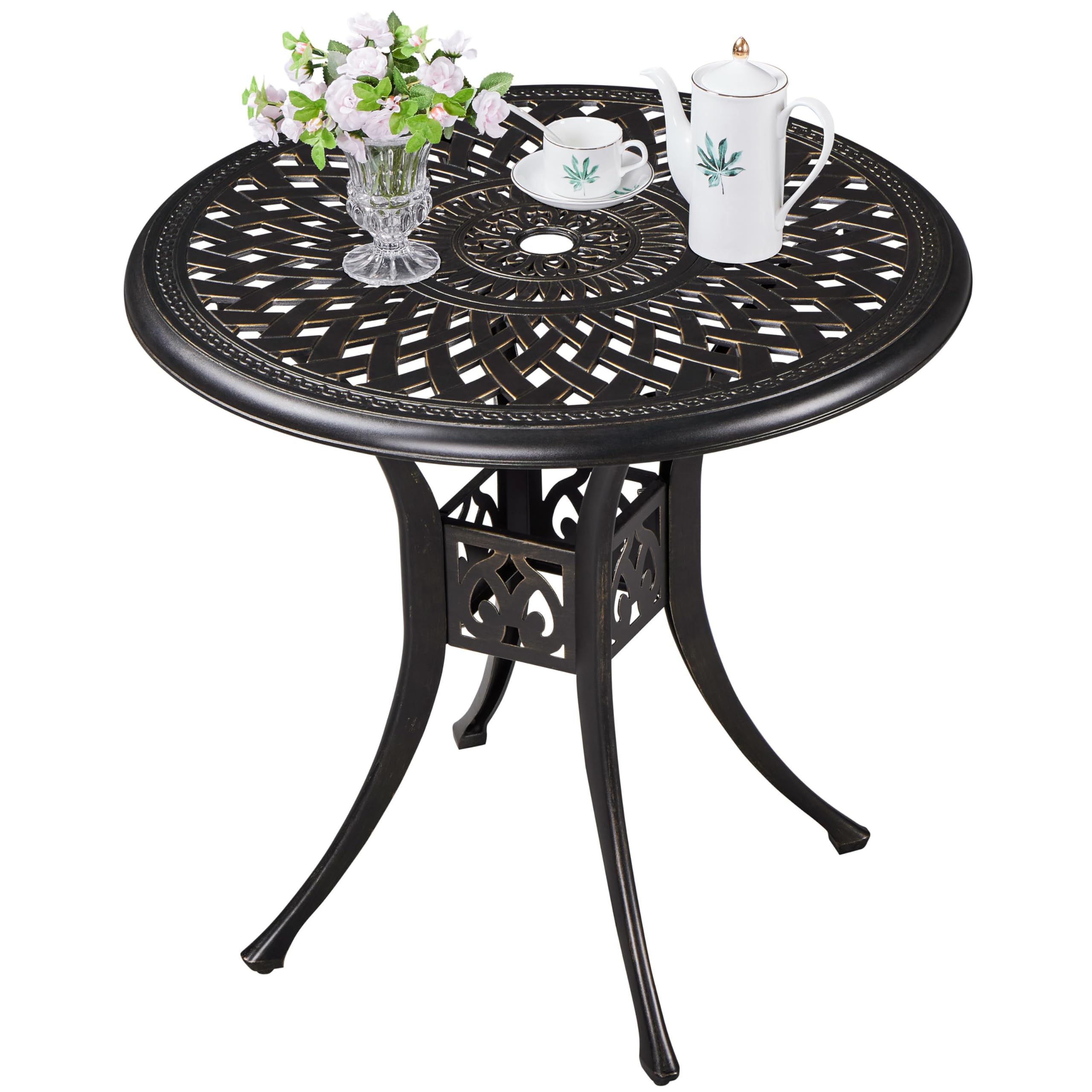 Yaheetech Tavolo da Giardino Bistrot Rotondo Esterno 78 × 75 cm in Alluminio Vintage con Foro per Ombrellone di Diametro 4,8 cm per Balcone Patio Piscina Bronzo