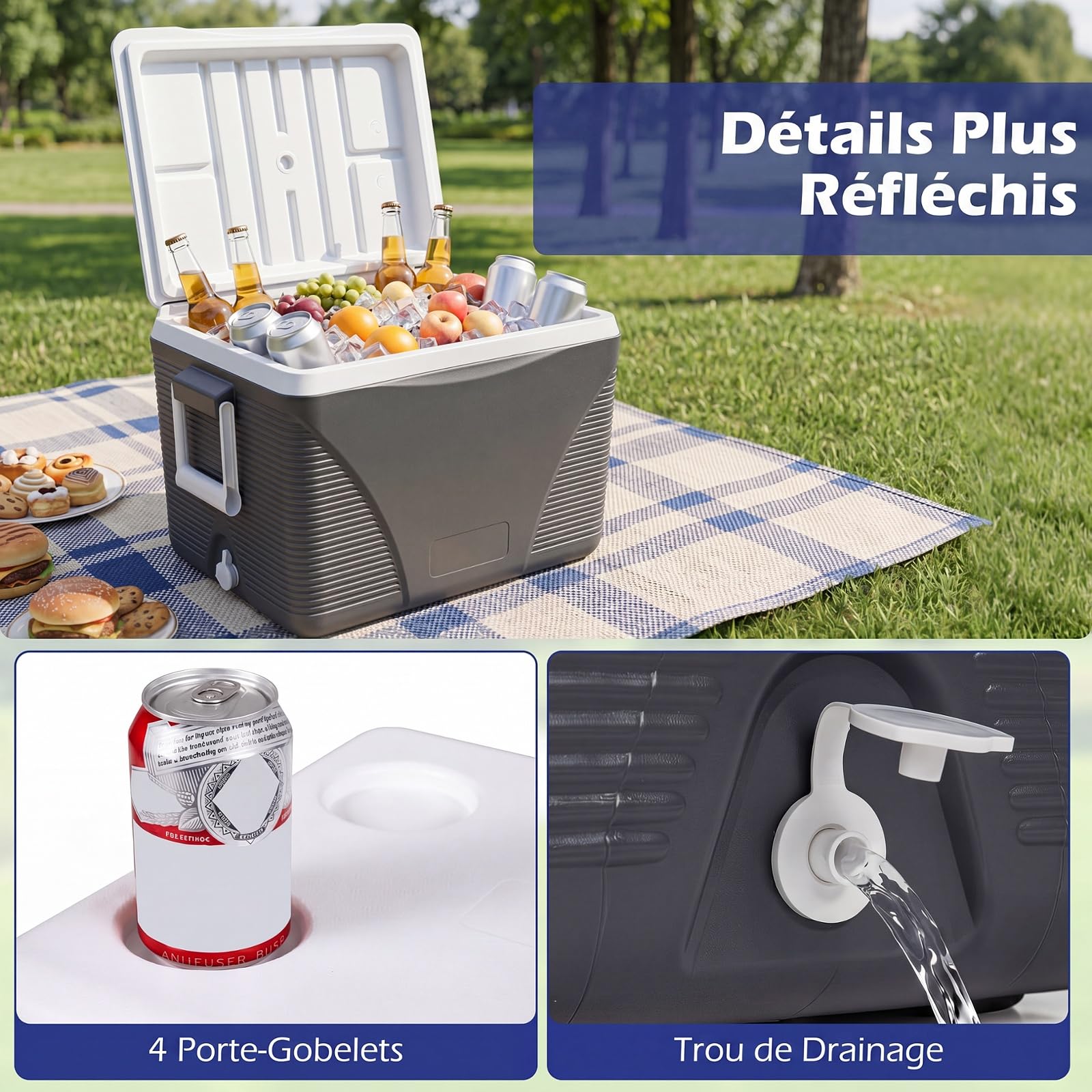 COSTWAY Glacière Rigide 41L Isotherme, Boîte Réfrigérante Grande Capacité Maintien au Froid 5 à 7 Jours, Glacière Isotherme Portable avec Porte-Gobelets, pour Pêche Pique-Nique Voyage