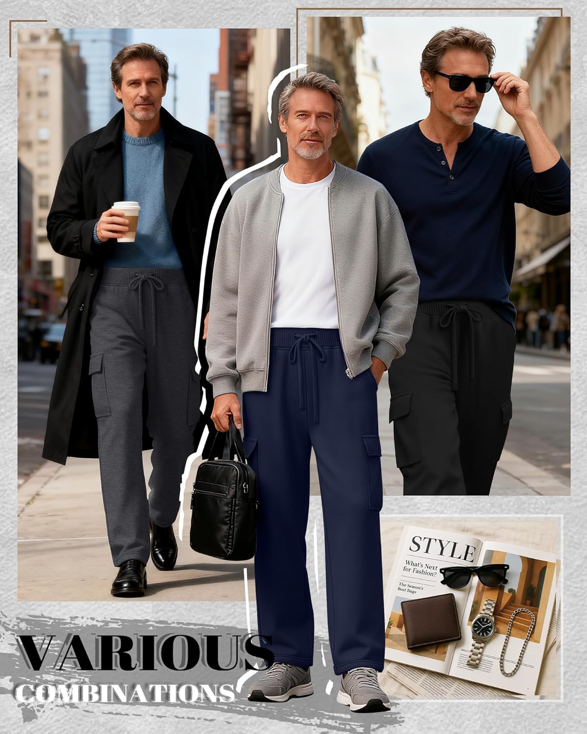 3 Pack Big and Tall Men's Cargo Sweatpants Open Bottom Drawstring Elastic Waist Pants with Pockets Casual Hiking - Image 3