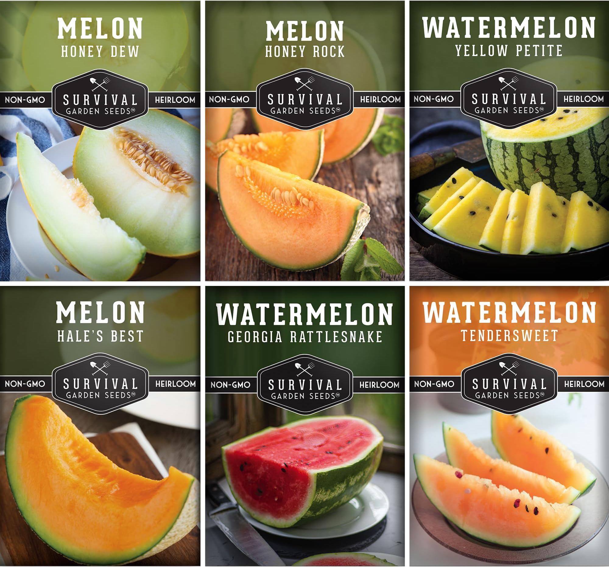 Melon Seeds for Planting Variety Pack – 6 Heirloom Cantaloupe, Honeydew & Watermelon Types – Honey Rock, Hale’s Best, Tendersweet, Georgia Rattlesnake – Survival Garden Seeds