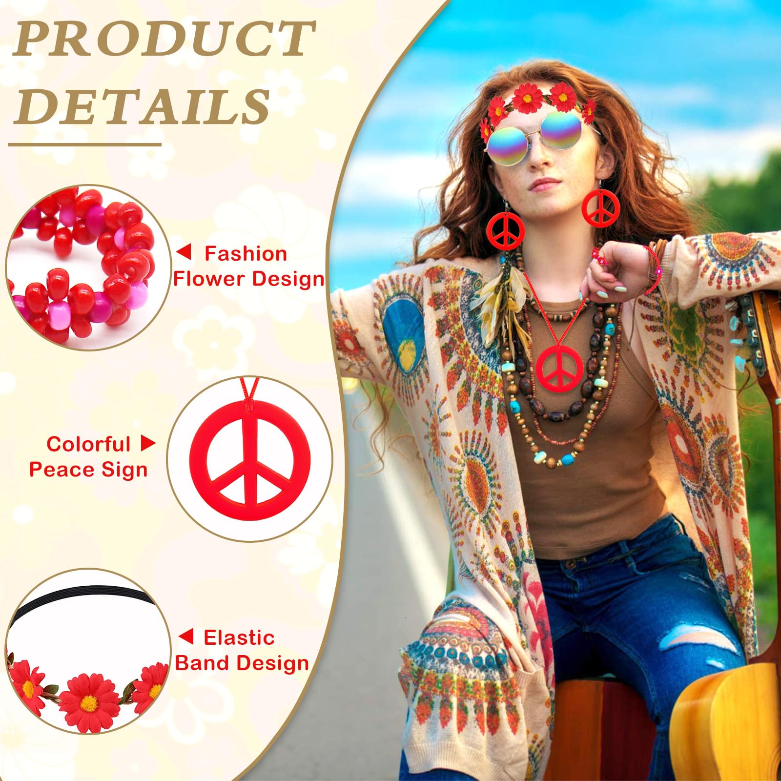 Dazzroi 7Pcs Hippie Costume Accessories for Women 60s 70s Dressing Accessories Set including Plastic Necklace Earring Flower Headband Bracelet Ring Sunglasses Retro Deco for Dress Up (red) - Image 3