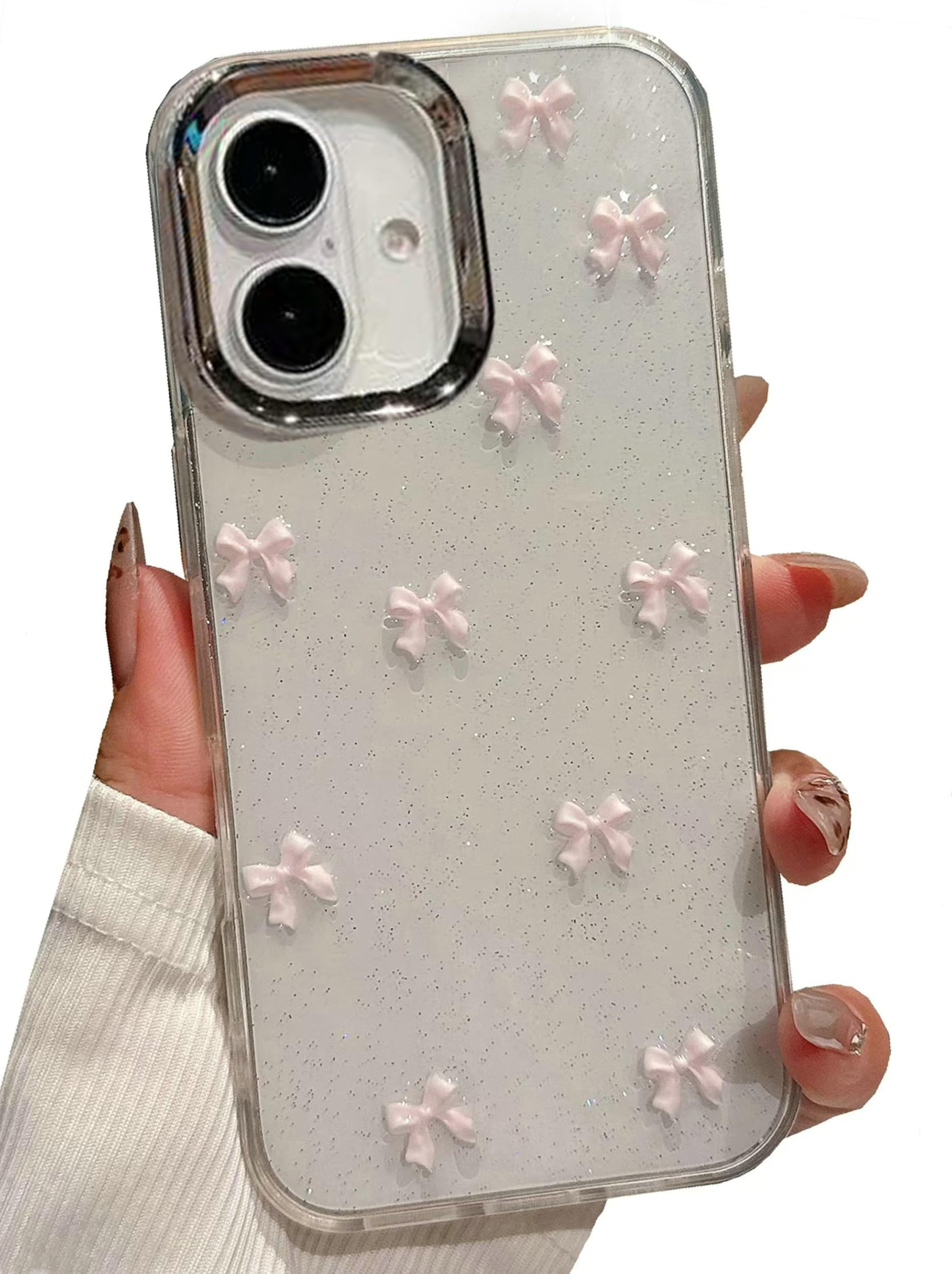 JANDM Clear 3D Bow Case for iPhone 16,Glitter Pretty Sparkly Cute Pink Bowknot Shockproof Girls Women Protective Cover