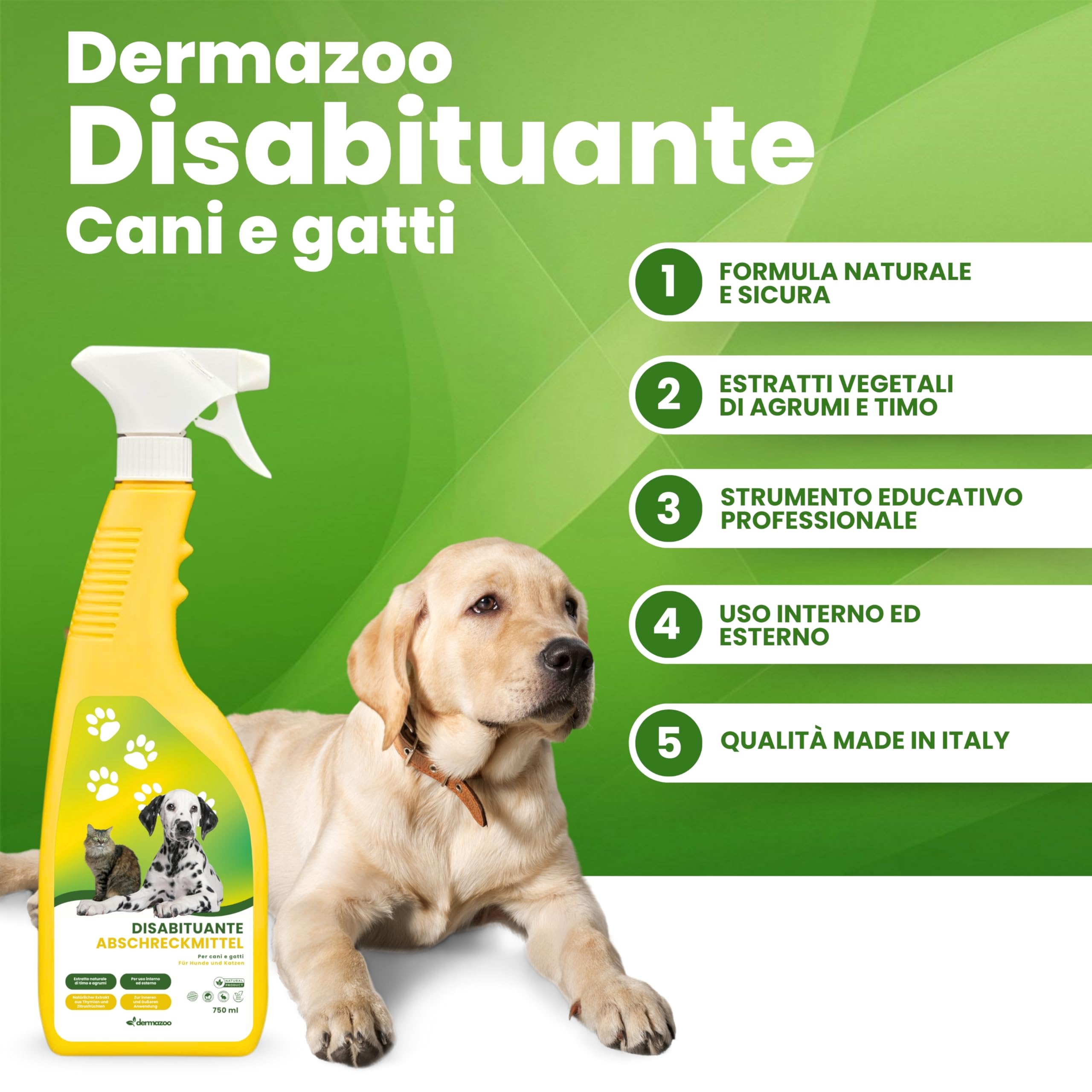 Dermazoo Spray Repellente per Gatti da Esterno e Interno 750ml, Disabituante Gatti, Disabituante per Cani, Spray Addestrativo Anti Pipi Cani, Casa e Giardino