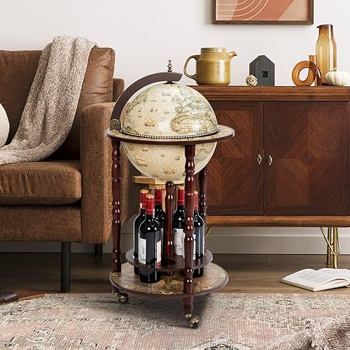 Miniatura 7 de Goplus Globo Bar, gabinete de licor con forma de globo de 17.5", con ruedas, estante inferior, mapa del mundo antiguo, réplica italiana del siglo