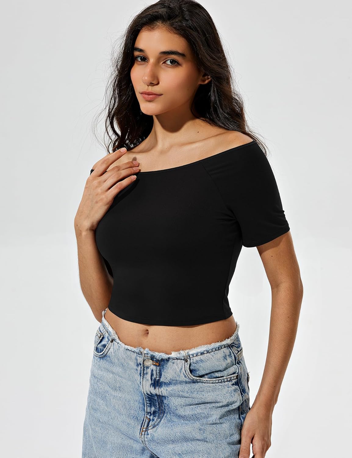 ZeroBound Built in Shelf Bra Off Shoulder Tops - Short Sleeve Off Shoulder Crop Shirts for Women, Basic Going Out Tops - Image 3