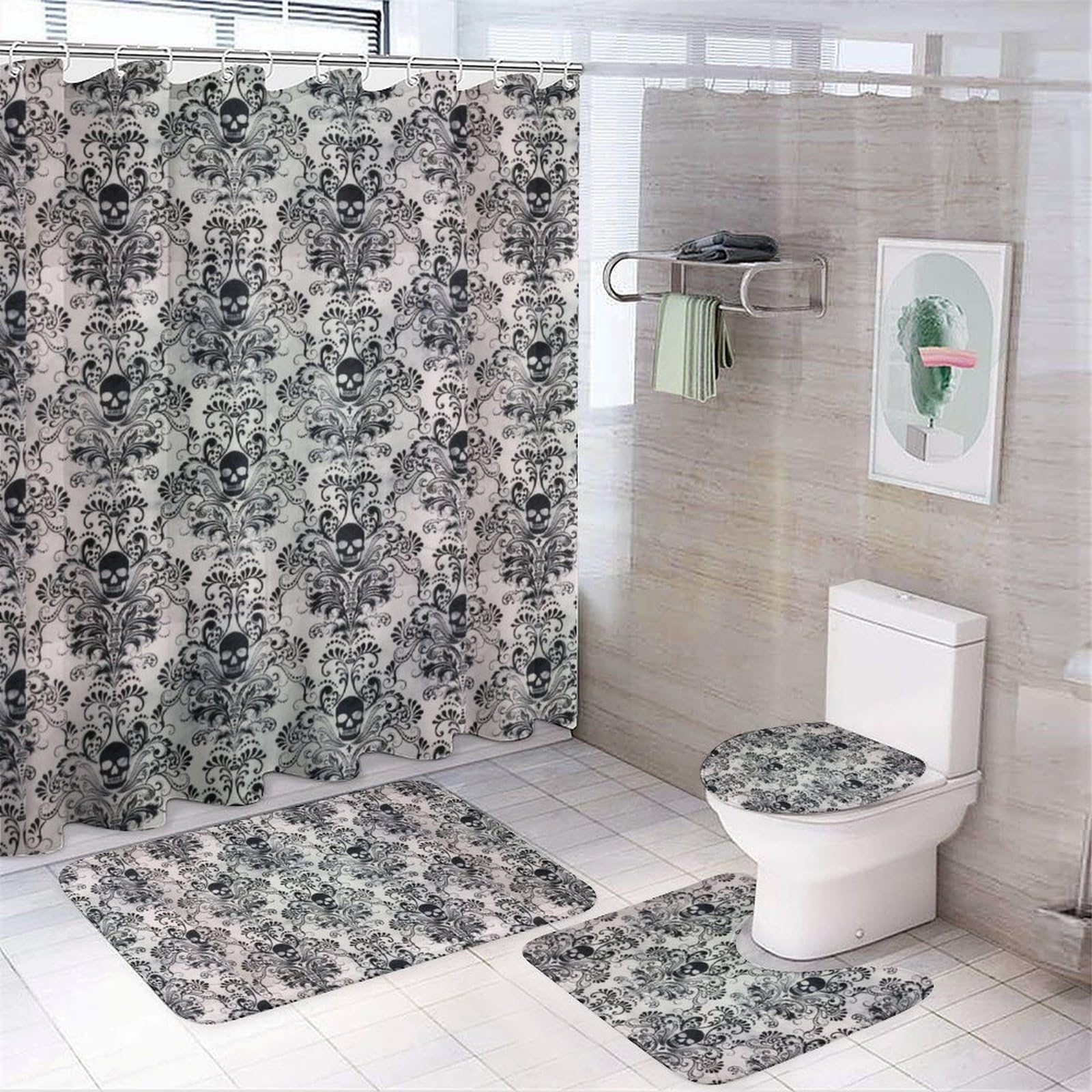 JZemdybill Bathroom Mat Set 4 Piece, Gothic Skull Damask Scary Halloween Shower Curtain with Non-Slip Bath Mats for Bathroom