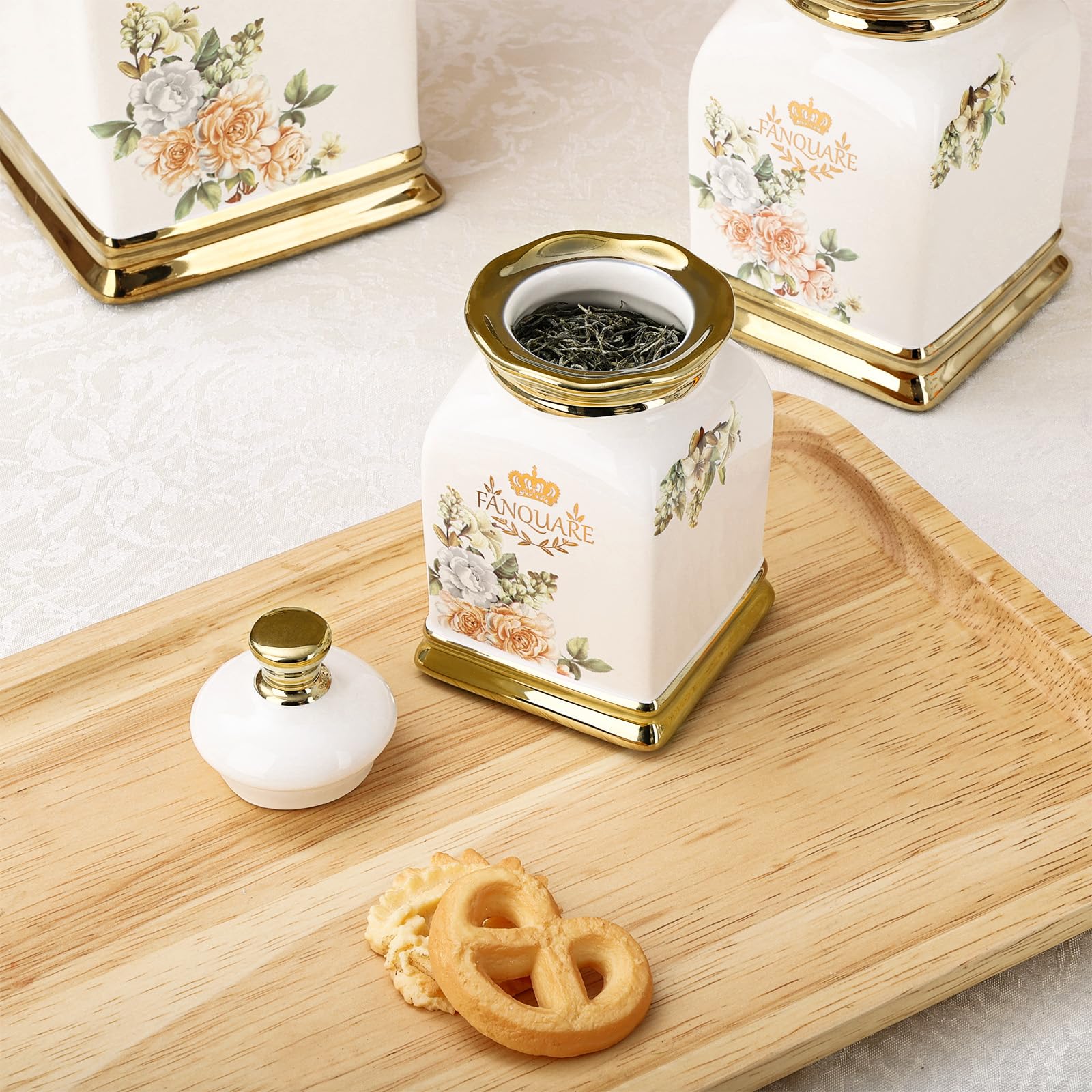 fanquare 3 Barattoli Vintage con Fiori e Coperchio, Tazze in Ceramica per Tè, Caffè, Zucchero, Contenitori Ermetici per Conservare gli Alimenti in Casa, in Cucina, Come Regali