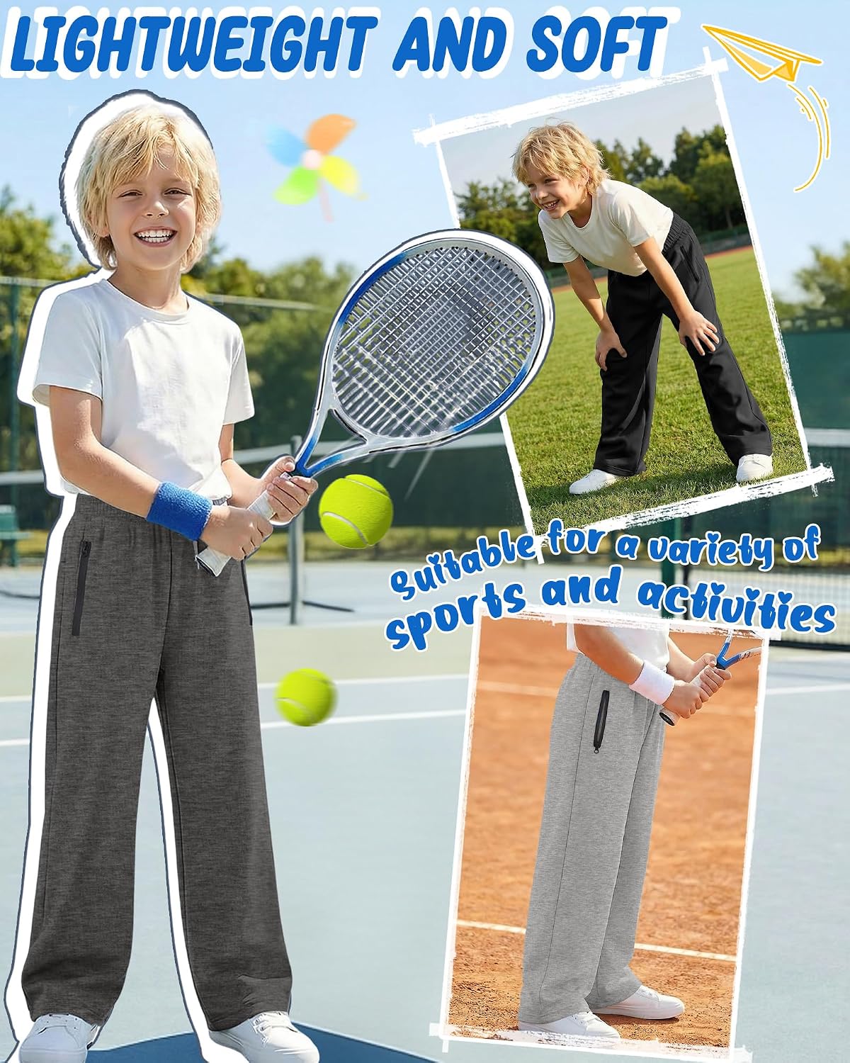 3 Pack Boys Sweatpants Wide Leg Baggy Pants Open Bottom Athletic Kids Teen Joggers with Zipper Pockets Size 5-14