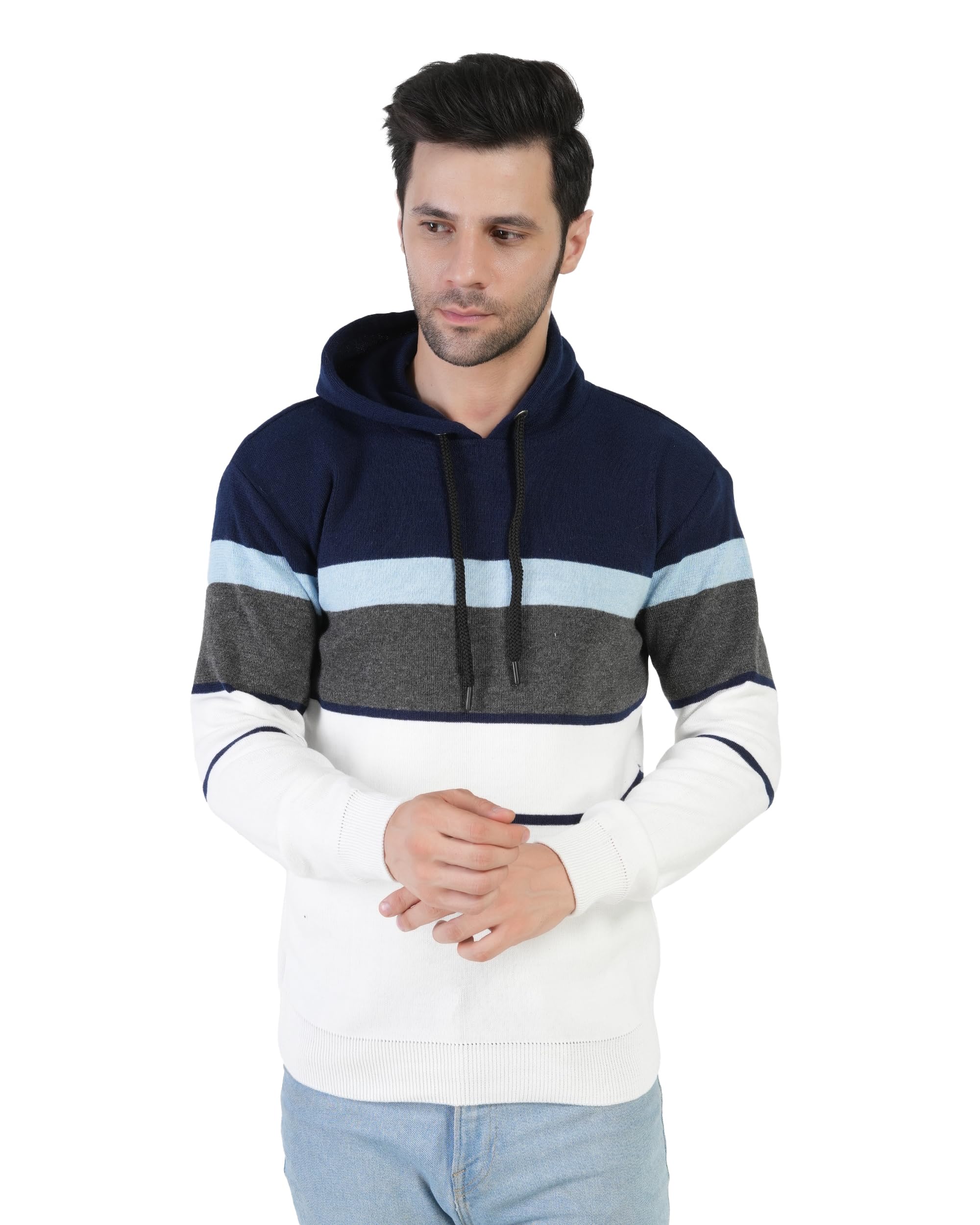 Men's Regular Fit Loopknit Hooded Neck Multi Striped Sweatshirt & Sweater for Winter-image-1