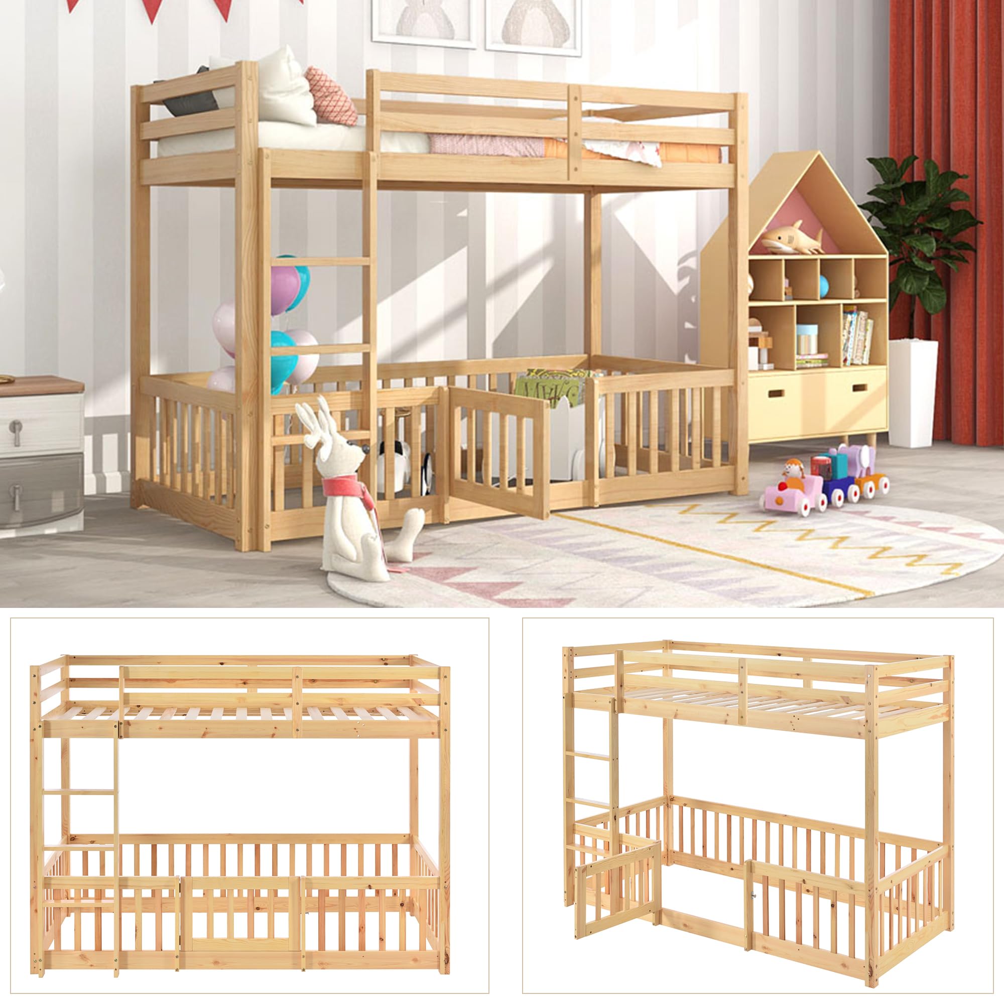 Lubvtti Litera Infantil 90 x 200 cm,Cama para niños con protección anticaídas y barandilla,Estructura Cama 90x200,Cama Superior con somier de láminas, Natural