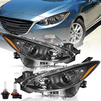 TUSDAR Headlights Assembly W/Bulbs Fit 2014 2015 2016 Mazda 3 BM Halogen | Black Housing with Amber Reflector