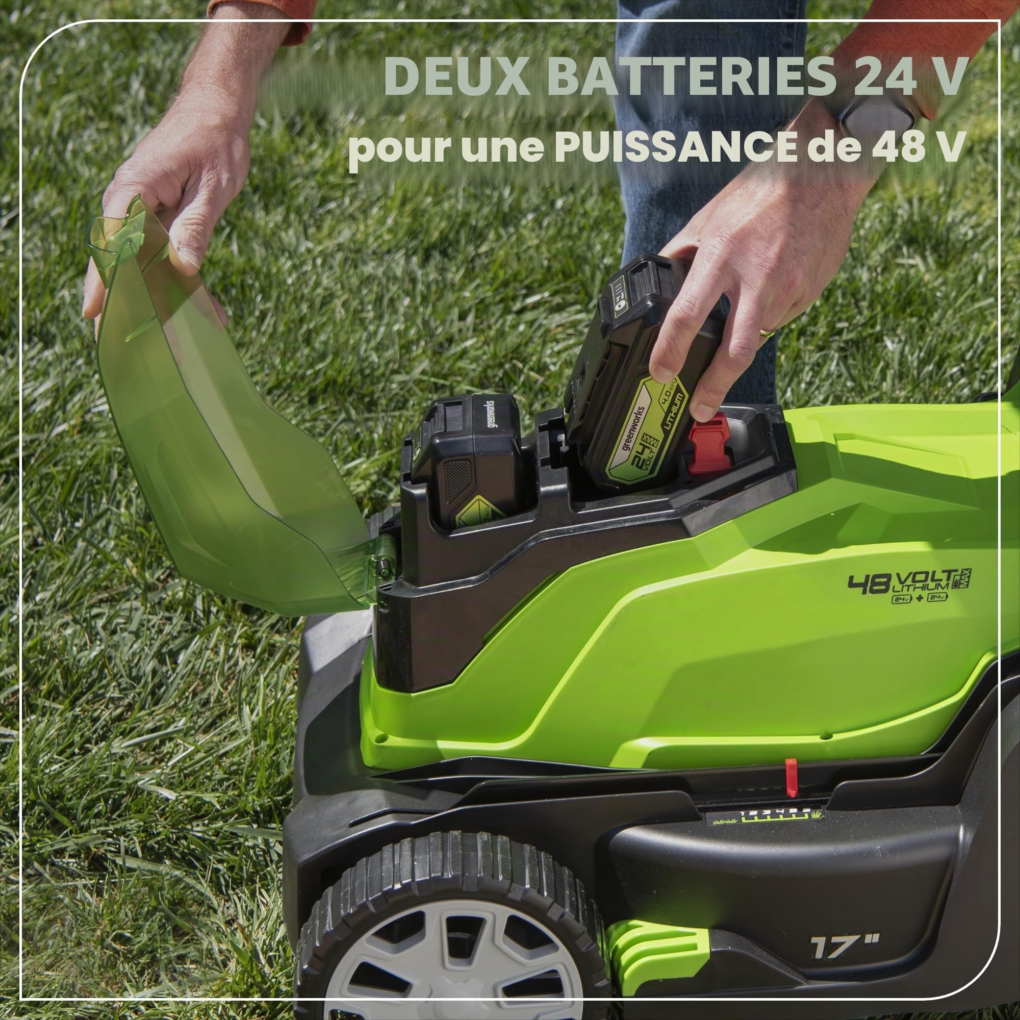 Greenworks 2 tondeuses à Gazon sans Fil 24 V (48 V) de 43,2 cm, (2) Batteries USB 4,0 Ah (concentrateur USB) et Chargeur Rapide à Double Port Inclus