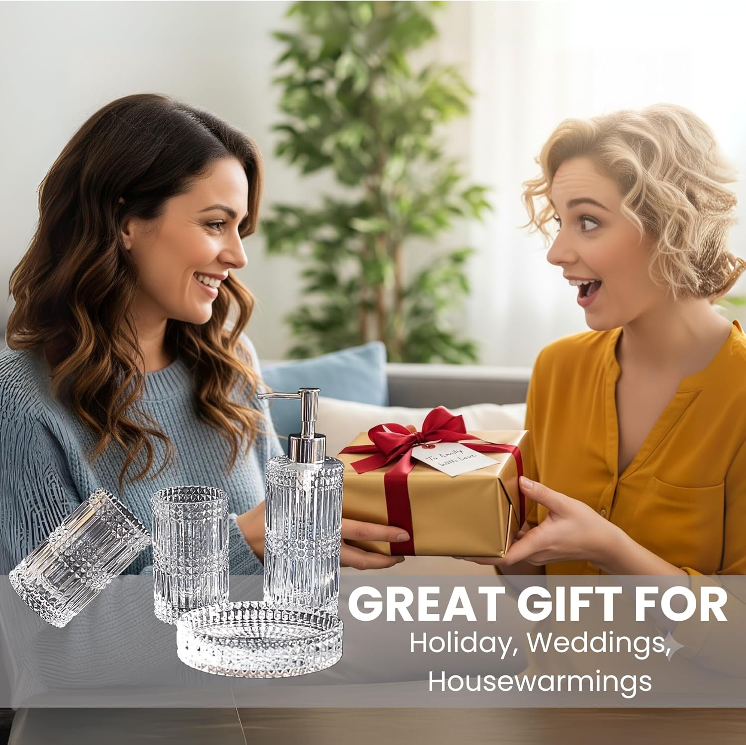 Clear Glass Bathroom Accessories Set 4 Pcs | Premium Liquid Soap Dispenser and Toothbrush Holder Set, Qtip Holder, Soap Tray | Bathroom Countertop Organizer | Modern Bathroom Accessory Sets