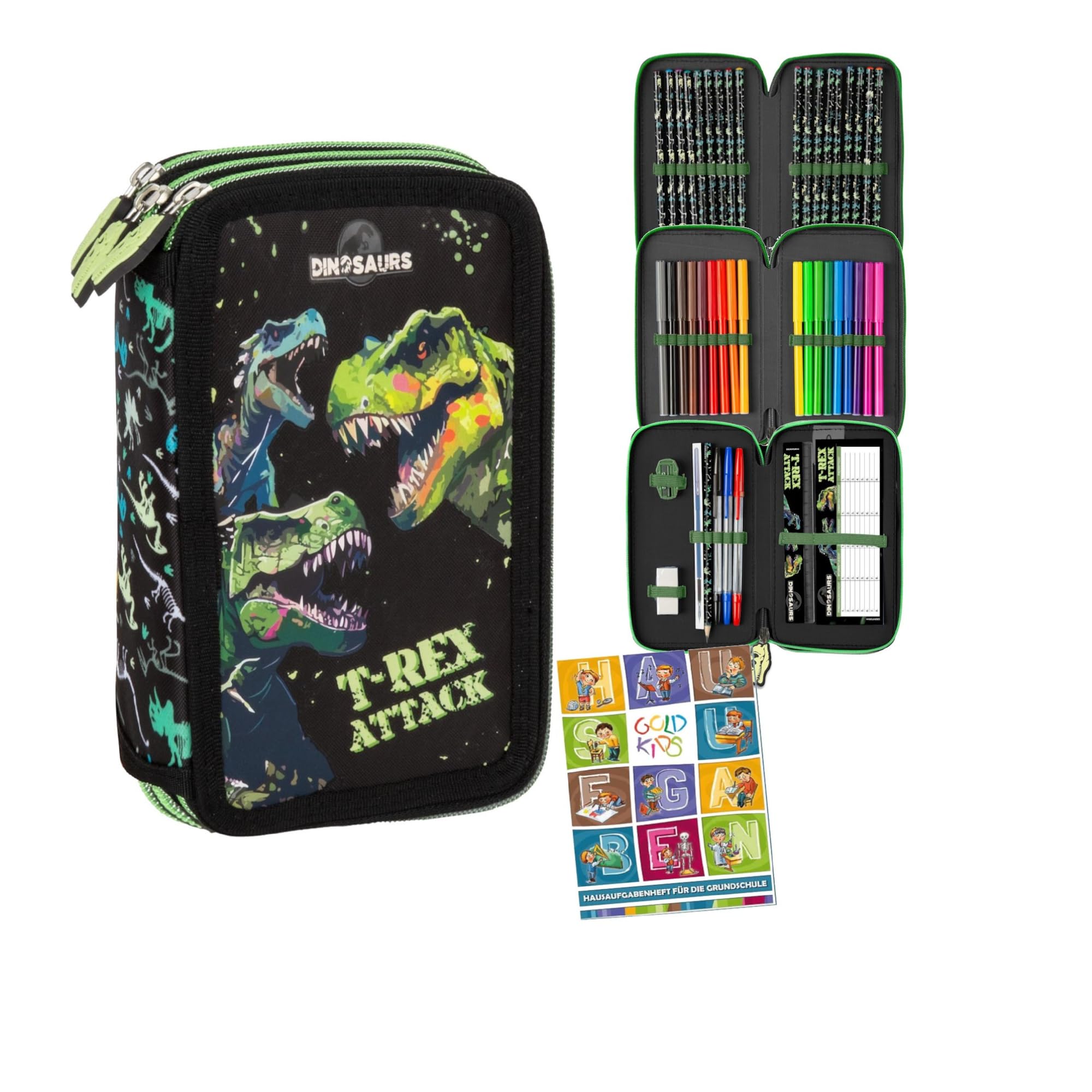 Goldkids - Federmäppchen 3 Fächer - Mäppchen für Mädchen und Jungen - Federmappe 3-Fach Federtasche Gefüllte Schüleretui Schulmäppchen und Hausaufgabenheft - Dinosaurier Motiv