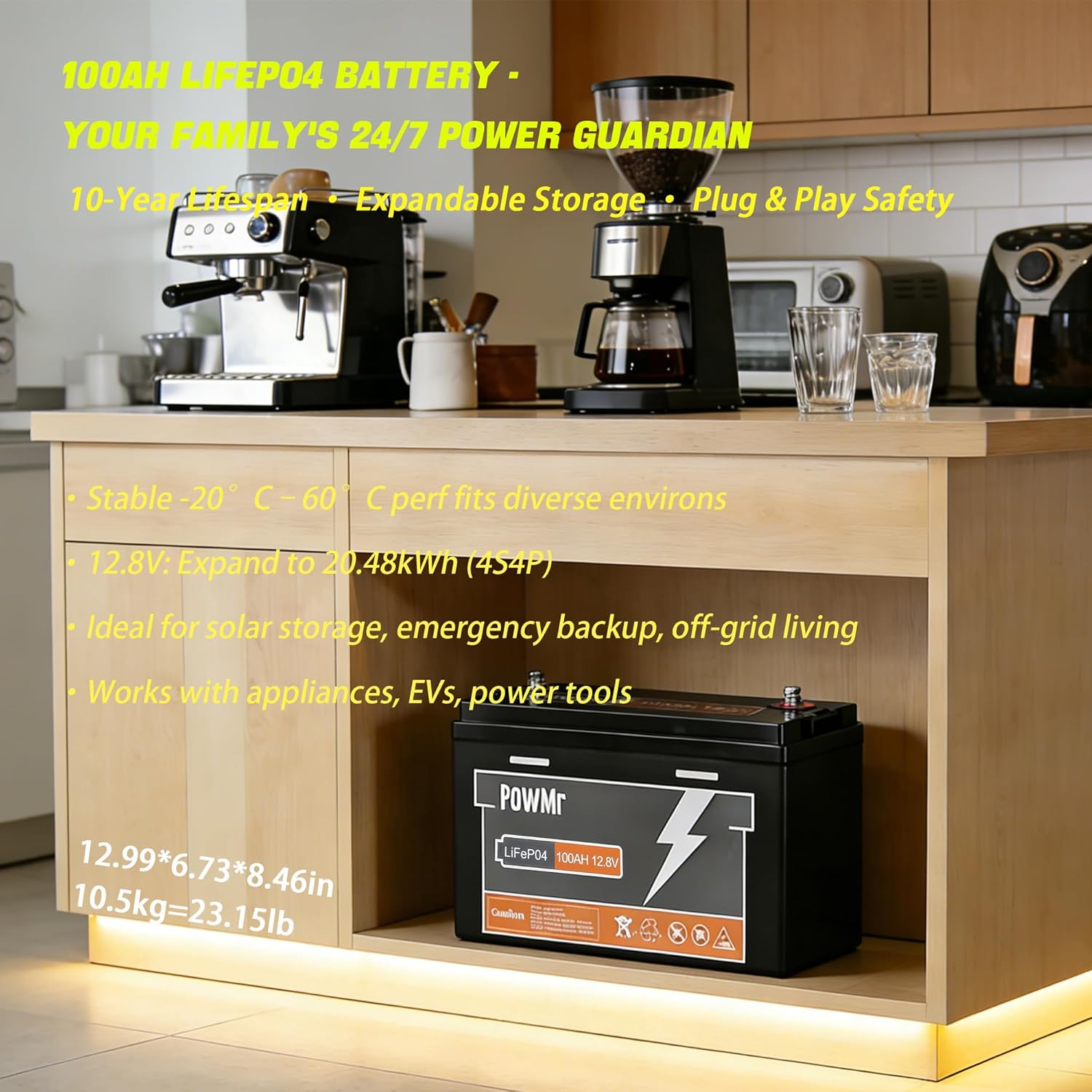 PowMr 12V 100Ah LiFePO4 Lithium Battery, 100Ah RV Battery Built-in 100A BMS with Max.1280Wh Energy, Up to 15000+Cycles, Support 4P4S​, Perfect for Off-Grid, RV, Marine, Solar System, Home Backup, Boat