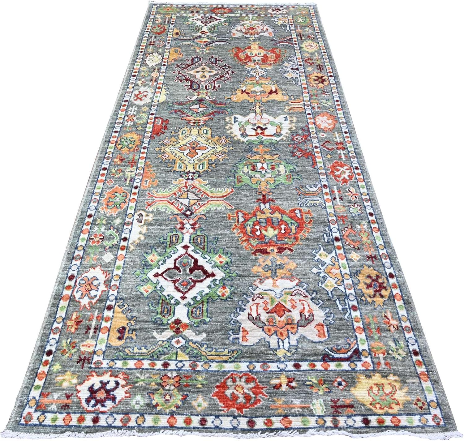 Gray Afghan Angora Oushak All Over Pattern Hand Knotted Wool Wide Runner Rug (4'2"x10'3")