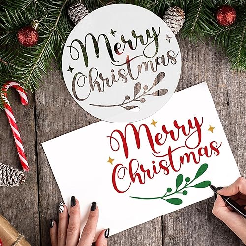 Miniatura 3 de 9 plantillas navideñas para pintar sobre madera de 12 pulgadas, redondas, grandes, reutilizables, plantillas de Feliz Navidad para letreros de