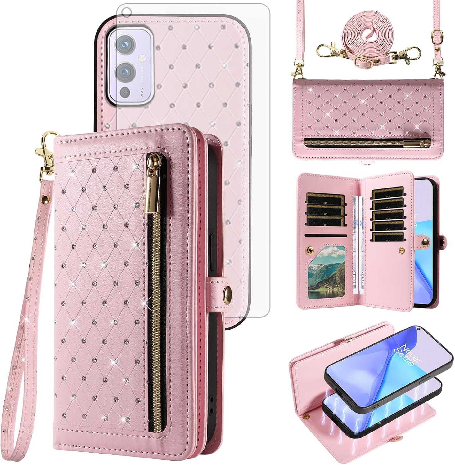 Phone Case for OnePlus 9 OnePlus9 5G Zipper Wallet Detachable Cell Cover with Screen Protector Crossbody Strap Bling Flip Credit Card Holder One Plus9 On 1 Plus 1plus One+ 1+ 1+9 Nine Women Pink