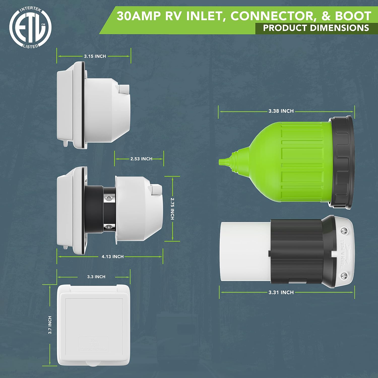 Leisure Cords 30 AMP RV Trailer Marine Power Cord Power Inlet - Female Twist Locking Connector - Weatherproof Boot Kit