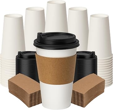 16oz 100 Pack Coffee Cups with Lids Leakproof for Office