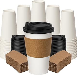 16oz 100 Pack Coffee Cups with Lids Leakproof for Office | Disposable white paper cups with sleeves, perfect for parties, picnics, office, and takeout, for hot or cold drinks.