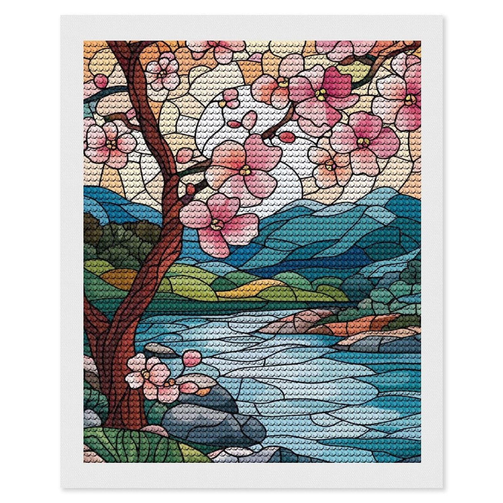 Junmoney Stained Glass Spring Landscape Full Drill Diamond Painting Kit 16"x20", Mindful Craft Activity, Bedroom Decor, for Adults, Gift Idea