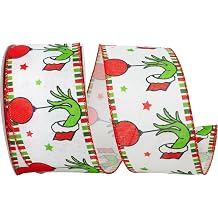Ribbon - Green Hand with Ornaments Linen Wired Edge, Red/Green, 2-1/2 Inch, 10 Yards