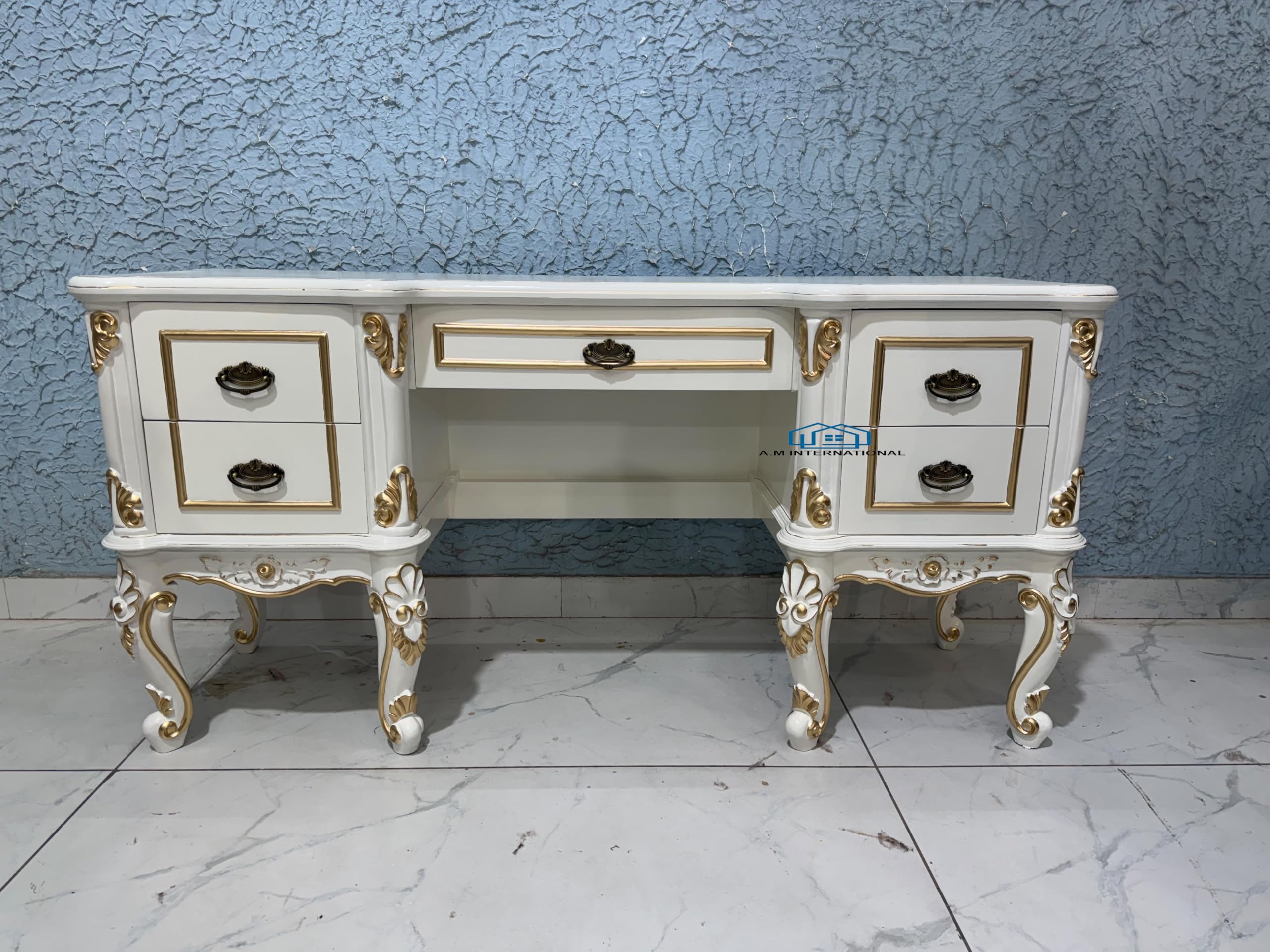 Luxury Wooden Dressing Table with Storage | White & Gold Finish | Classic Vanity Table for Bedroom | Handcrafted Wooden Furniture-image-42