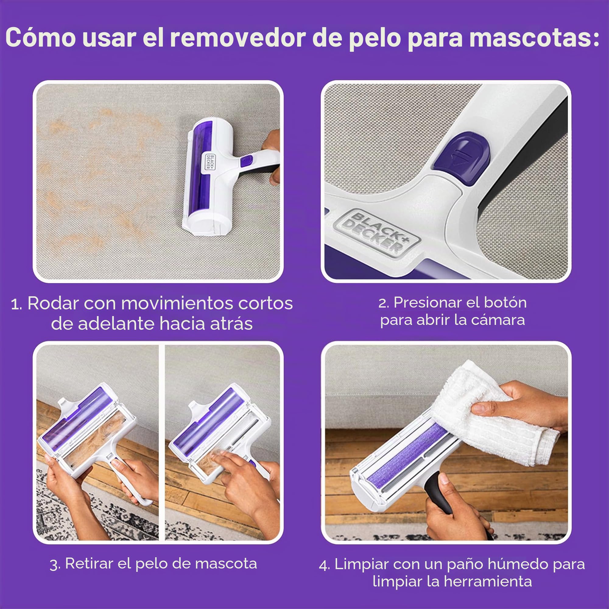 BLACK+DECKER - Removedor de Pelo de Mascotas, Rodillo, Elimina el Pelo de Perro y Gato fácilmente (HMSCT0001)