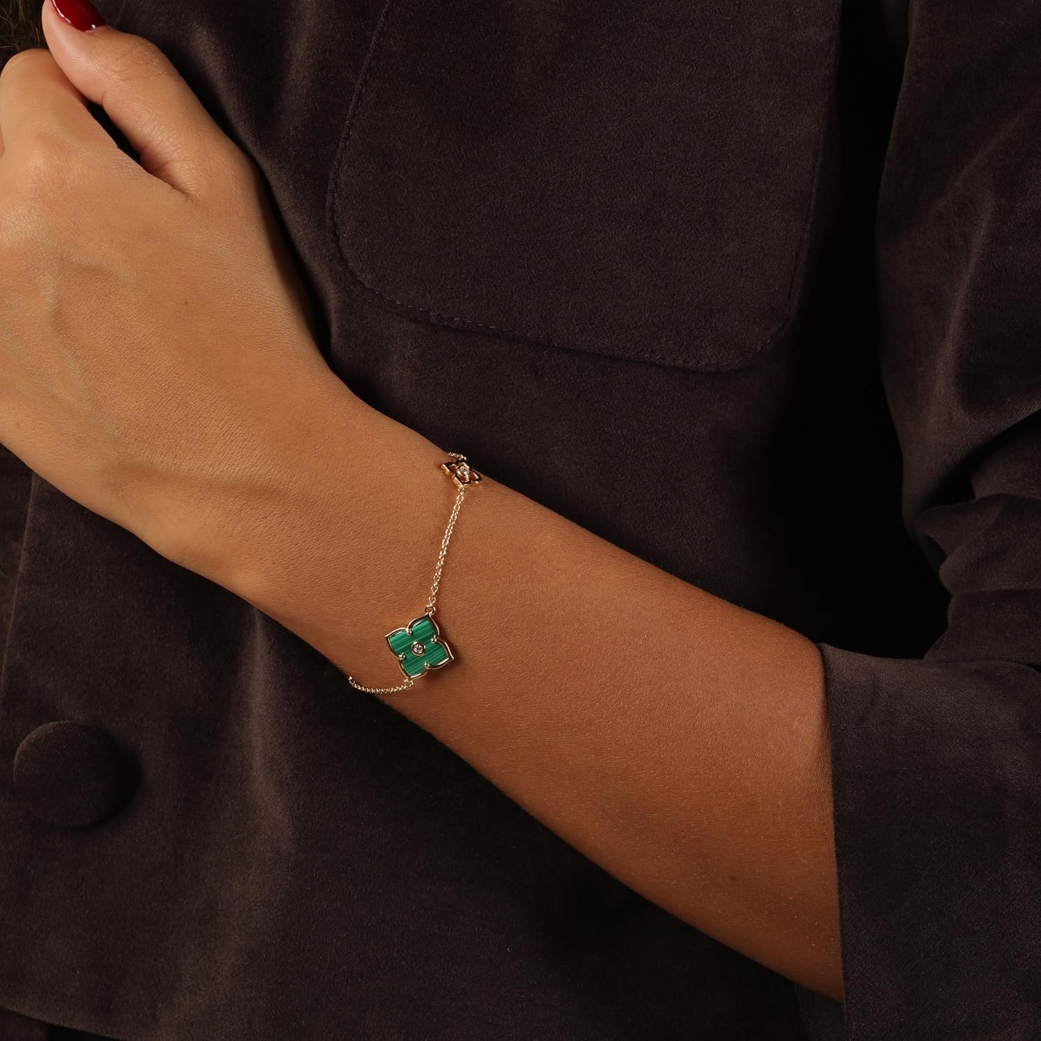 Lavari Jewelers Malachite, Black Onyx or Mother of Pearl and Cubic Zirconia Flower Bracelet for Women in 925 Sterling Silver with Gold Plating 7 to 8 Inches Adjustable Lobster Claw