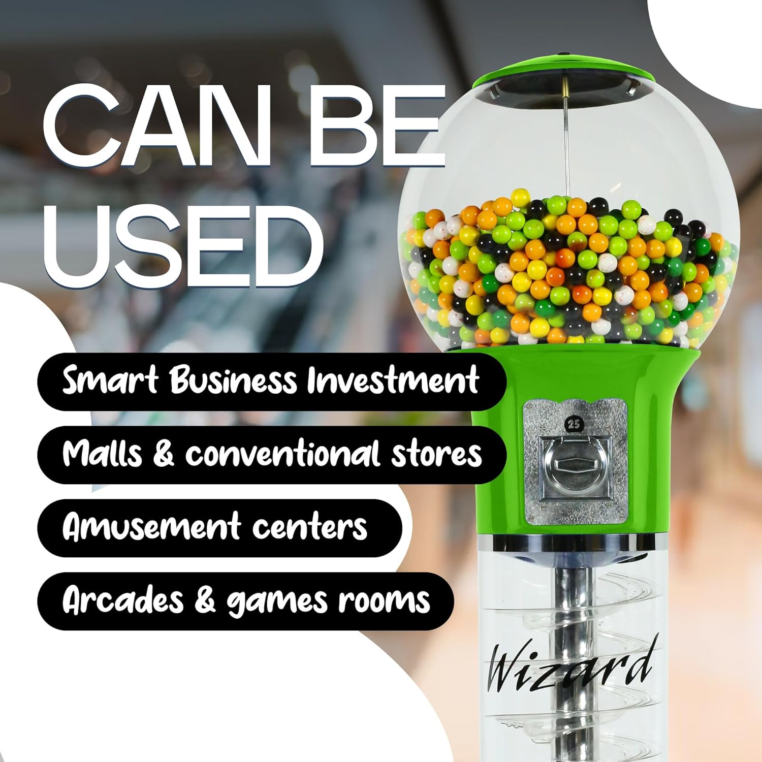 Gumball Machine Original Spiral - 4`10" Height - Set Up for $0.25 - Dispenses 1” Gumballs - Spin & Drop Vending Machines for Kids - Bubble Gum Machine - Green