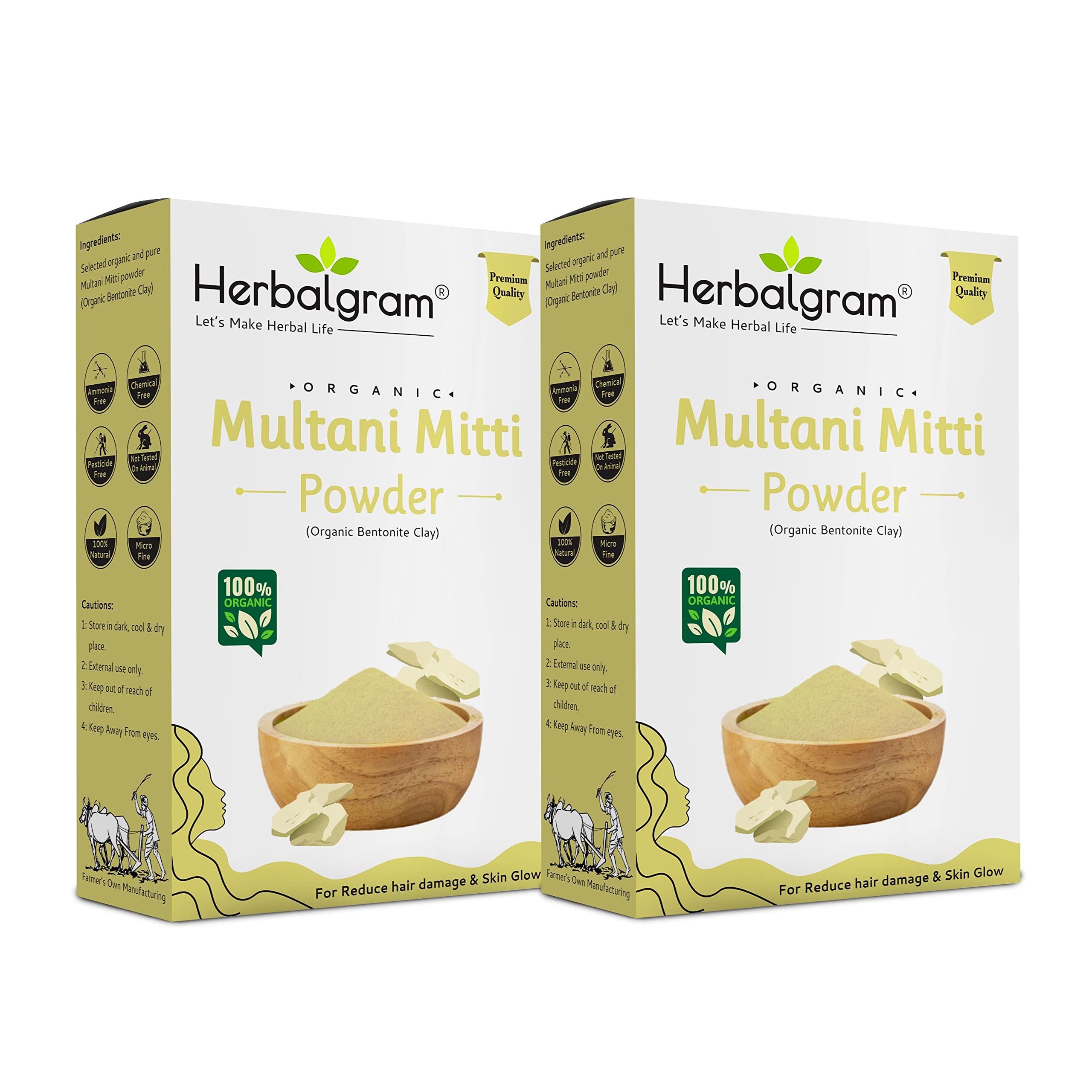 Herbalgram Multani Mitti Powder 200gm Natural Fuller’s Earth Fine Texture for DIY Face & Hair Packs | Pure & Chemical-Free Pack of 2 x100gm