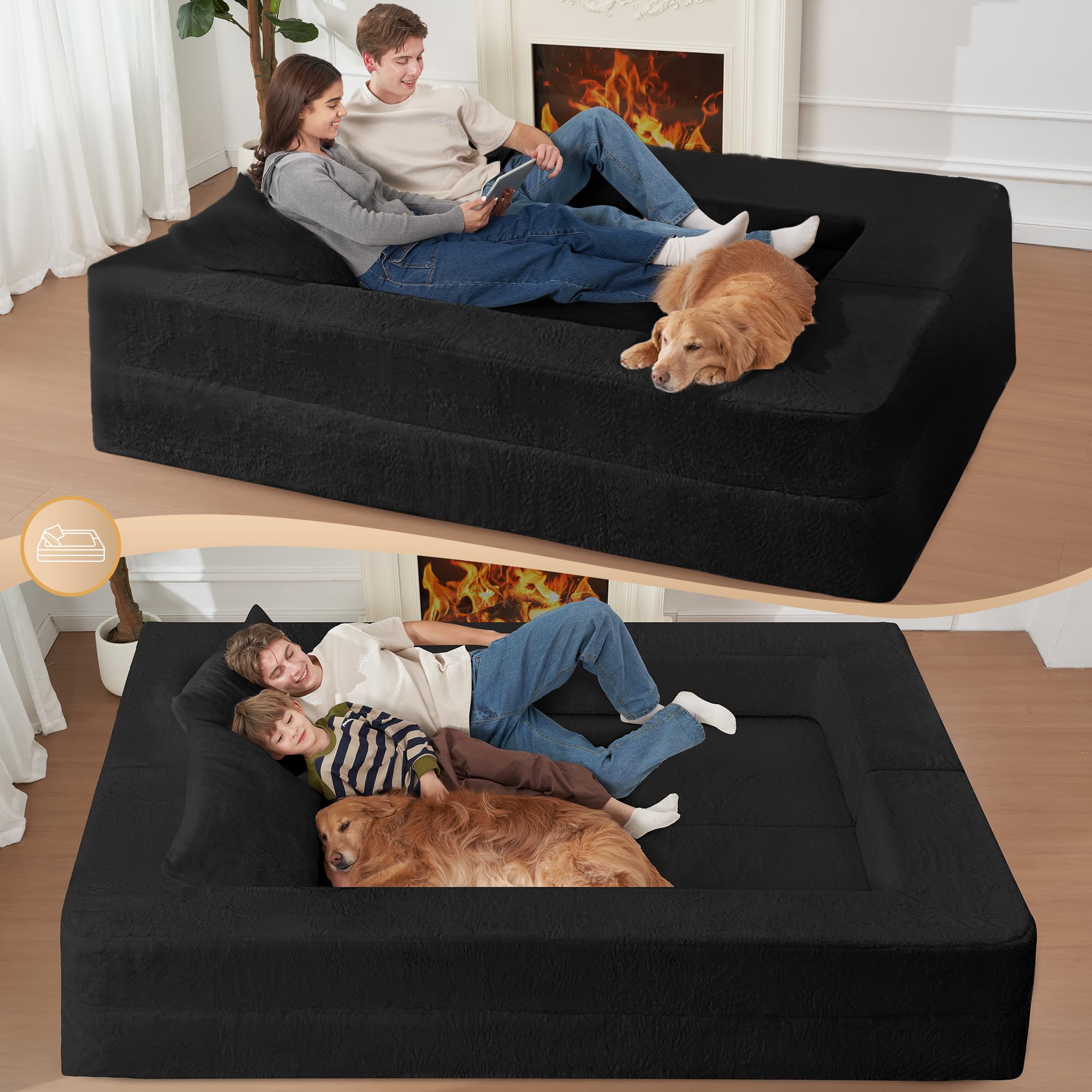 Futon Sofa Bed with Pillow, 3-in-1 Sleeper Sofa Bed with Removable Cover | Convertible Floor Sofa Bed with Memory Foam Filled, No Assembly Boneless Couch for Living Room, Bedroom（Black King）