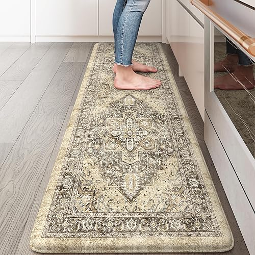Vista 180 de KIMODE - Juego de 2 tapetes de cocina antifatiga, estilo vintage, antideslizantes, impermeables, ergonómicos, acolchados, cómodos para lavandería