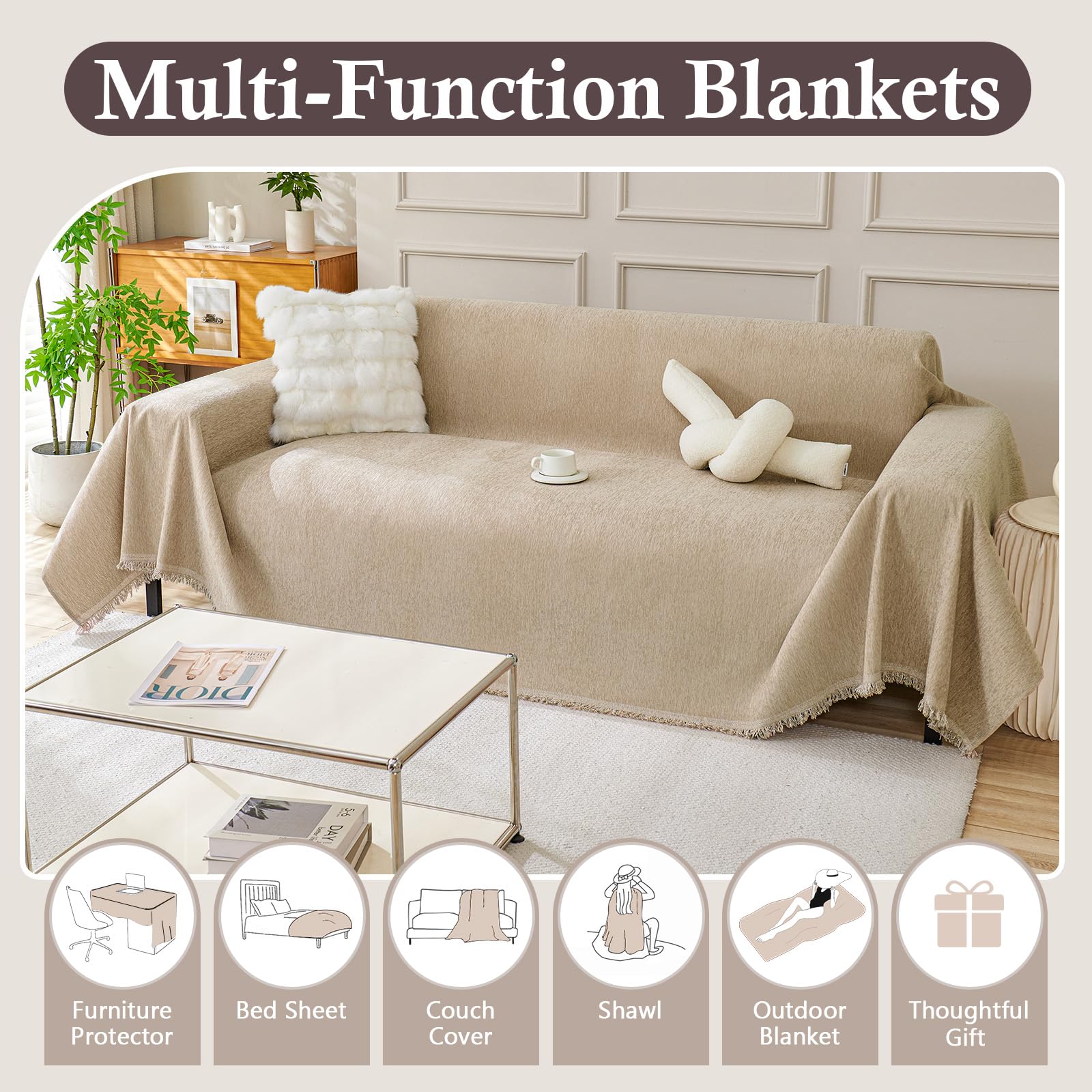 TAOTAOGO Sofa Cover 2 3 Seater Chenille Corner Sofa Slipcover Washable L Shape Sofa Covers Sectional Couch Cover with Tassel Furniture Protector for Pet Loveseat Futon Cover F Khaki 180x300cm - Image 4
