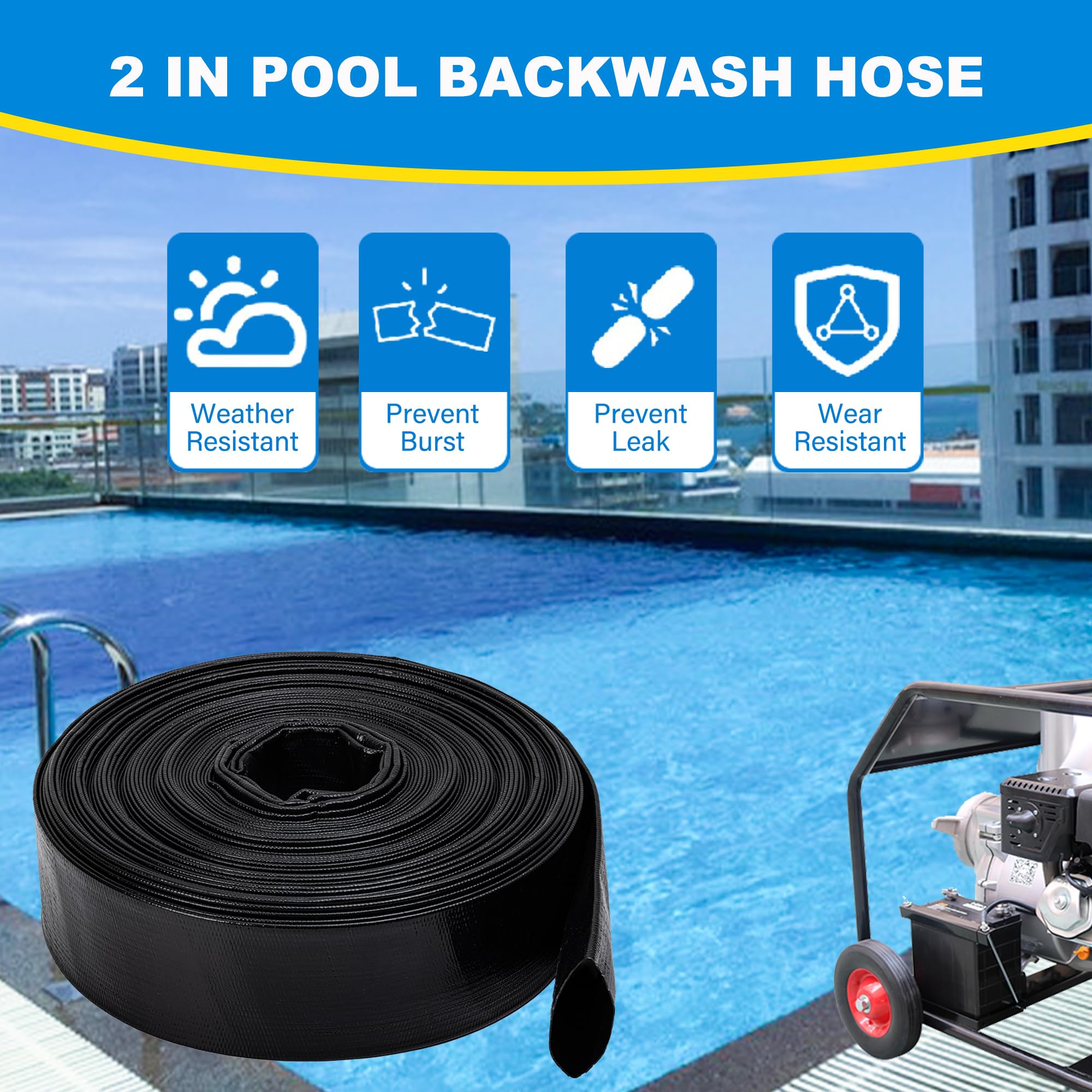Manguera de retrolavado de piscina de 6 bares, de 2 pulgadas x 50 pies, manguera de PVC resistente, manguera de descarga plana, resistente a la intemperie para transferencia de agua, bomba de