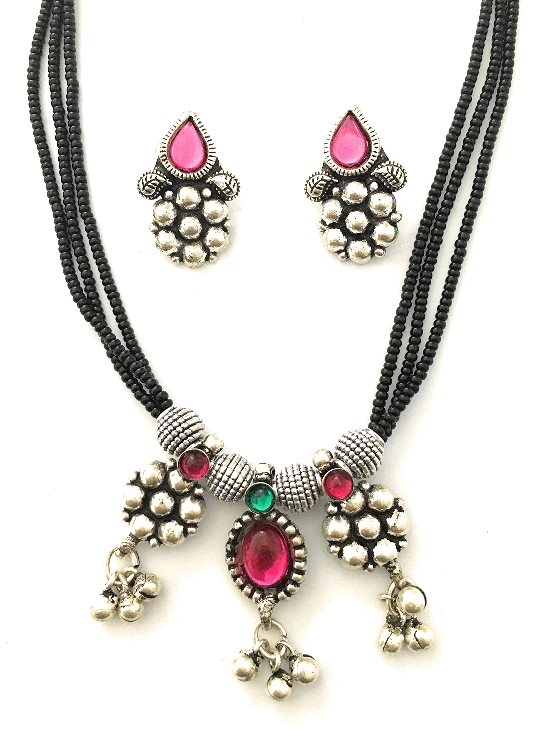 Sasitrends Oxidised Handmade 3 Layer Black Beads German Silver Pendant 24 Inches Chain Necklace Set with Earrings for Women (B0B65XG51L) Amazon Price History, Amazon Price Tracker