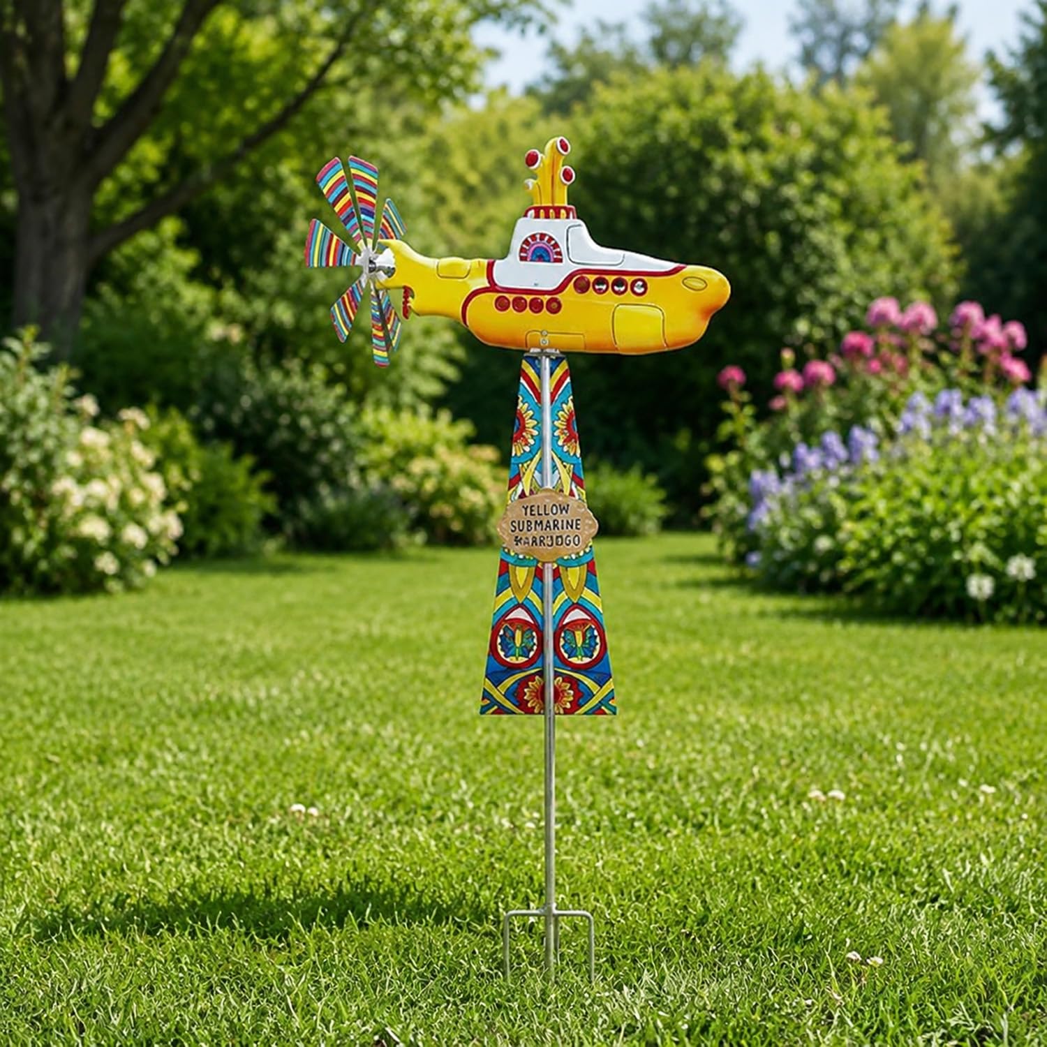Yellow Metal Wind Spinner, Retro Whirligig Garden Stake, Weather-Resistant Outdoor Decor for Yard, Patio and Lawn