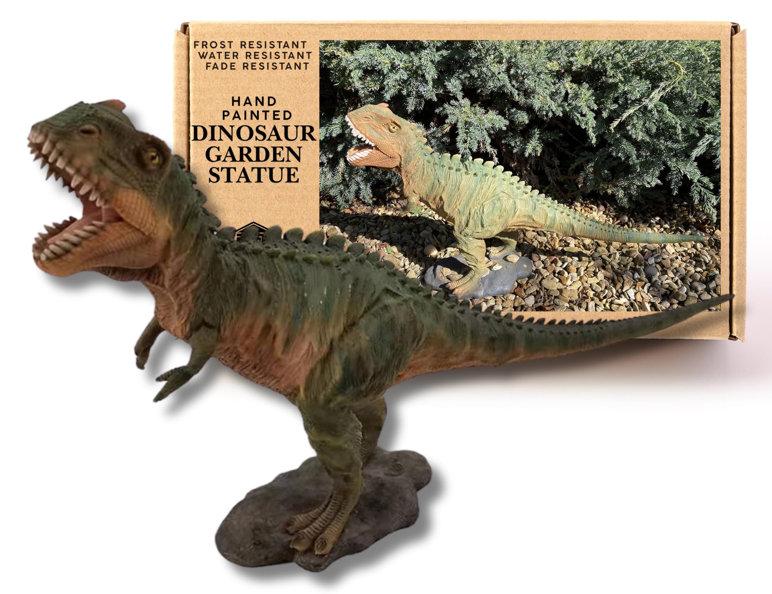 G&H Decor -20 Inch T-Rex Dinosaur King Lawn Statue - Hand Painted Tyrannosaurus Dino Decorations - T.Rex Suitable for Indoor Outdoor Use - Weather Resistant Tyrant Lizard Gifts for Adults