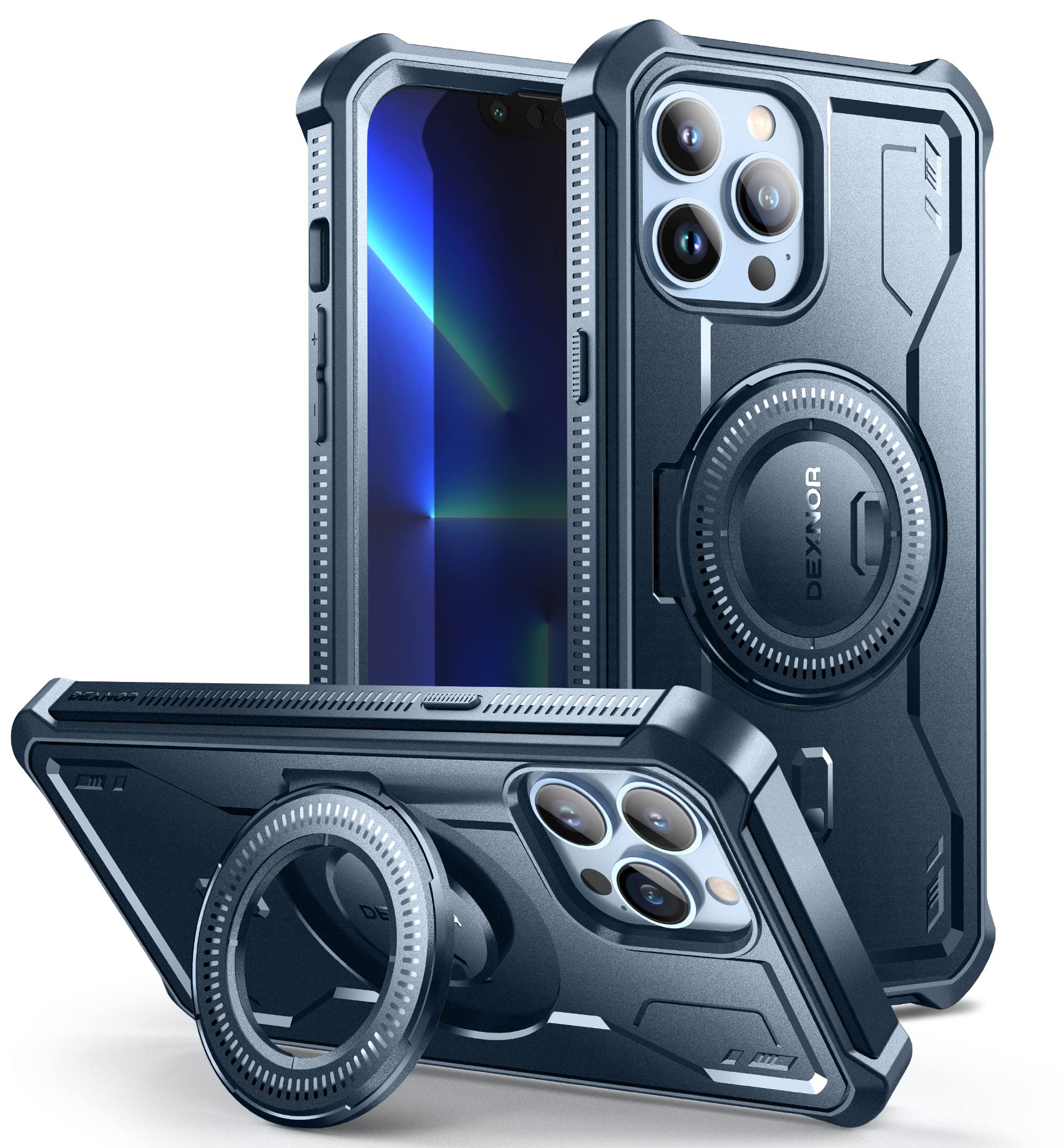 Coque iPhone 13 Pro Max antichoc bleue avec support et protection écran