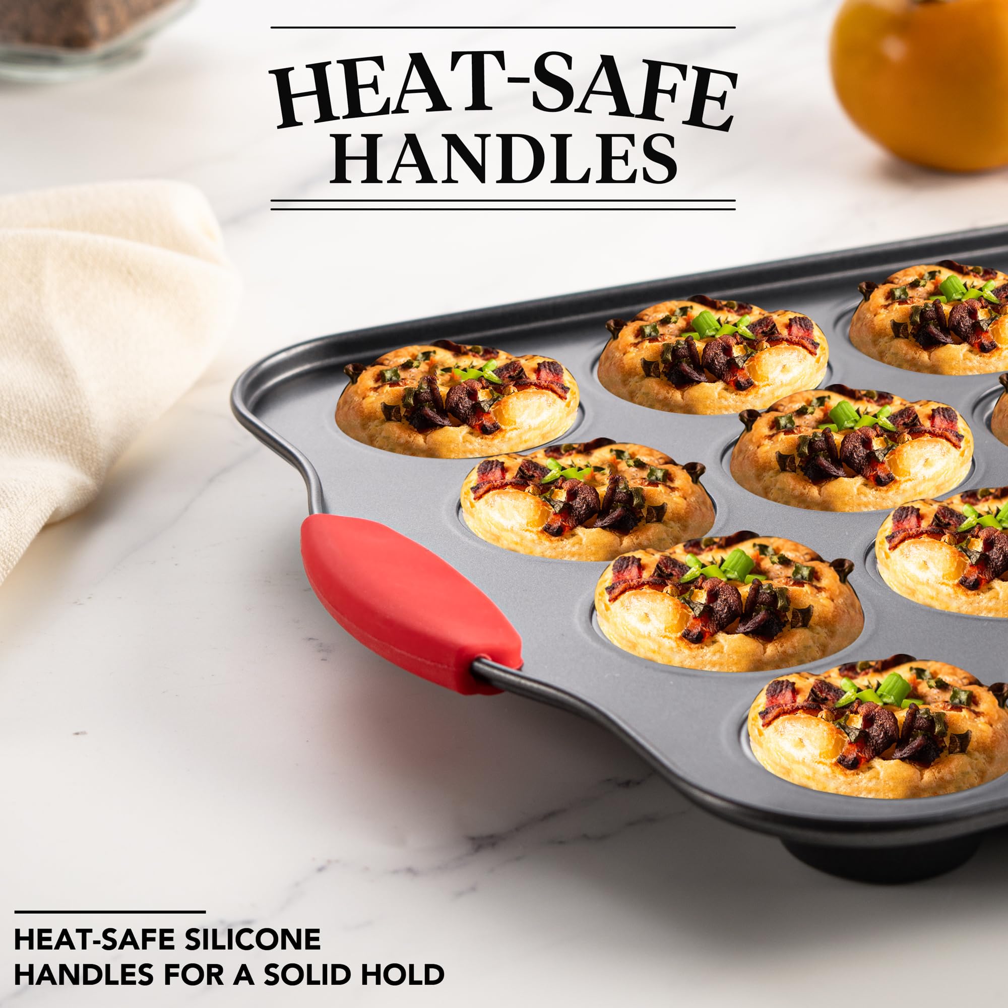 Lot de 2 mini moules à muffins, 24 cavités, antiadhésifs, robustes avec poignées en silicone