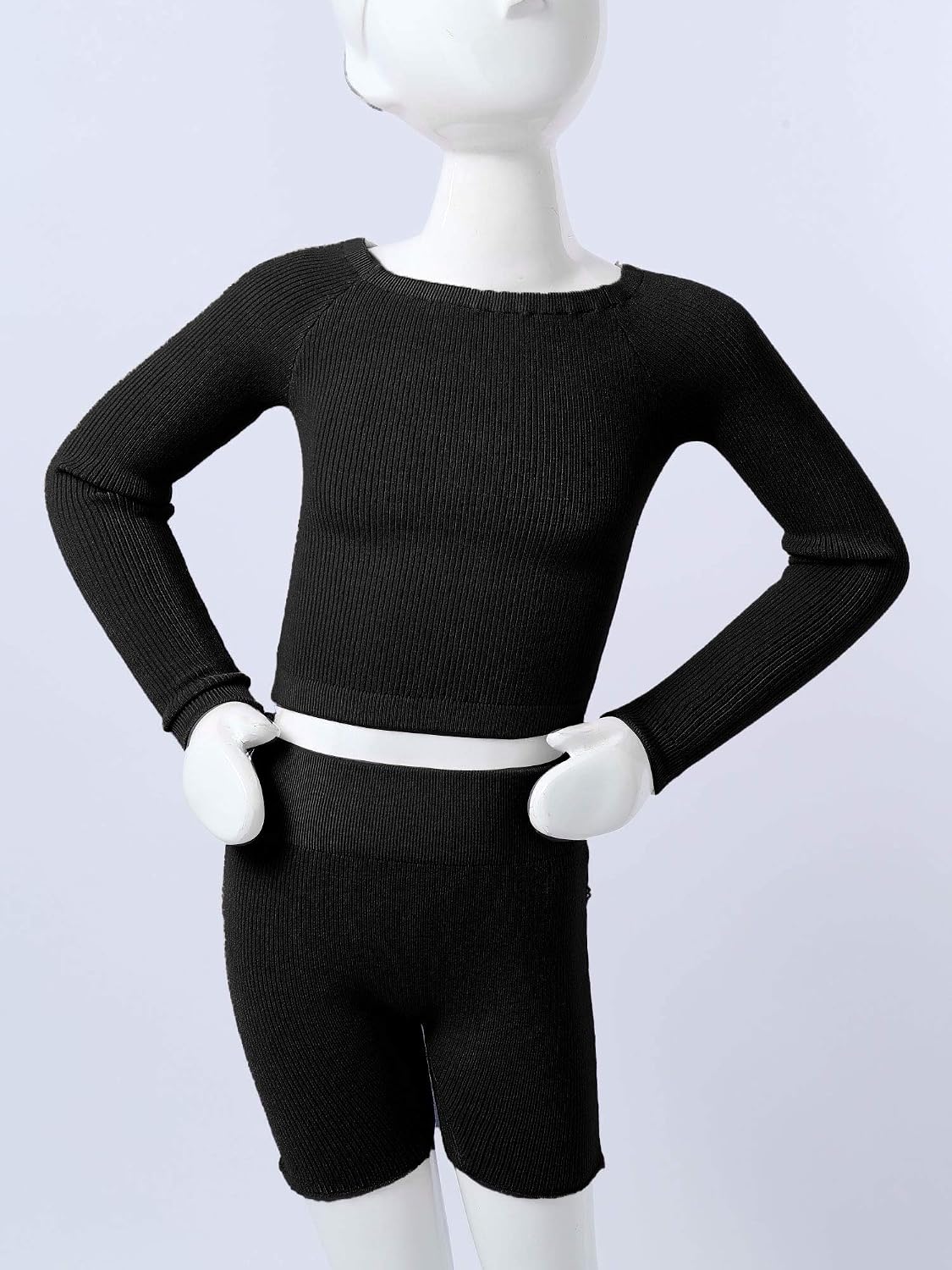 Hansber Kids Girls Two Piece Gymnastics Ballet Dance Outfits Long Sleeve Sweater with Wide Waistband Shorts Set