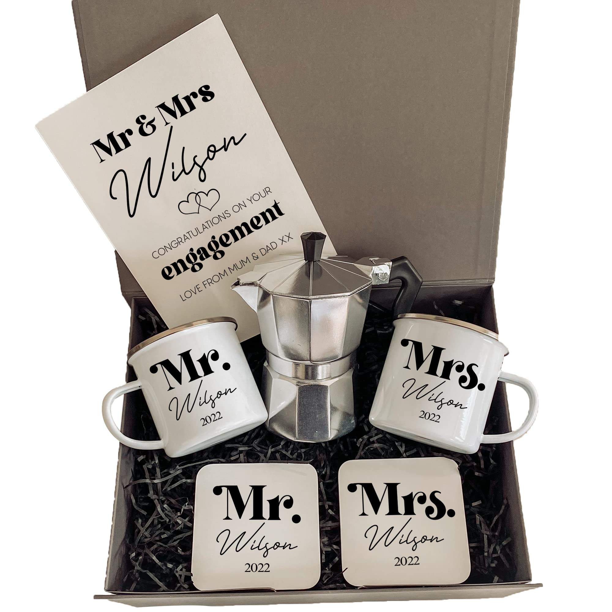 Personalised Engagement Gift Set with Names | Mr and Mrs Gift for Her Him | Congratulations on Your Engagement | Enamel Mug Coffee Maker Coaster Card