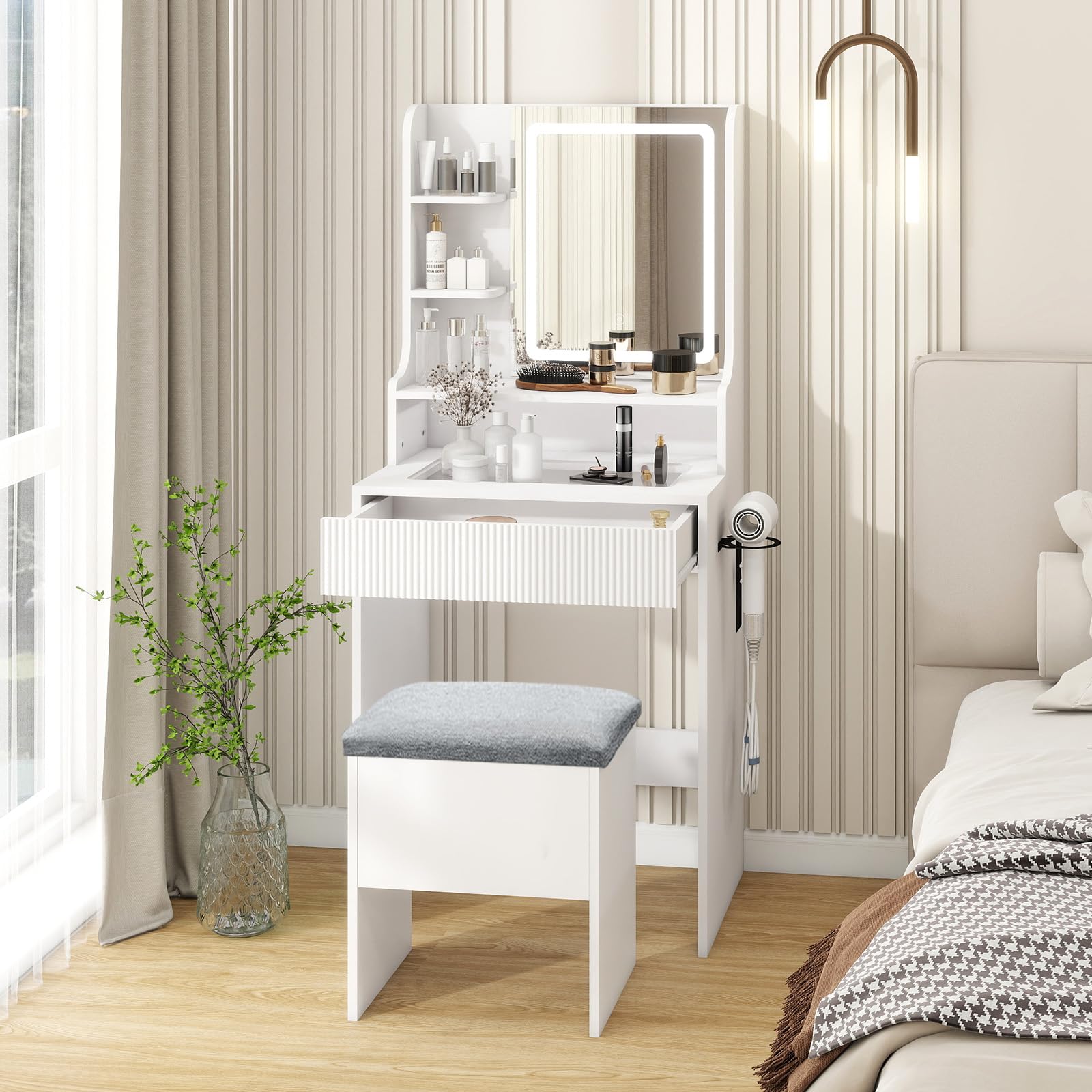 YOURLITE Dressing Table with LED Lights, 3 Light Colors, Adjustable Brightness, Vanity Desk with Mirror and Drawers, Makeup Desk with Cushioned Storage Stool Charging Station for Bedroom