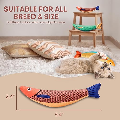 Miniatura 4 de Paquete de 3 juguetes para gatos, pez saurio con hierba gatera, sonido arrugado y felpa suave, juguetes interactivos de 9.5 pulgadas para gatos de