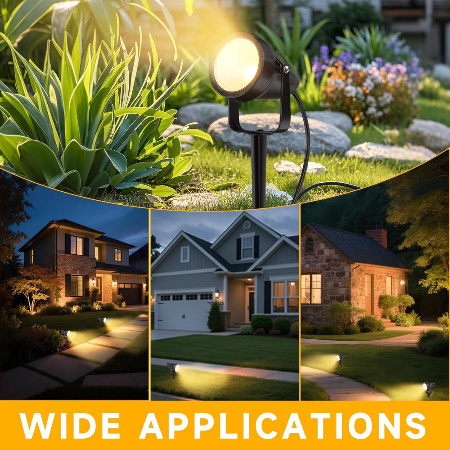 Outdoor Landscape Lighting - 12Pack Outdoor Spot Lights with Connectors & Transformer for Yard Plant Lawn Tree Flags House Garden Fence - 7W Warm Yellow 3000K Spotlights with IP65 Waterproof