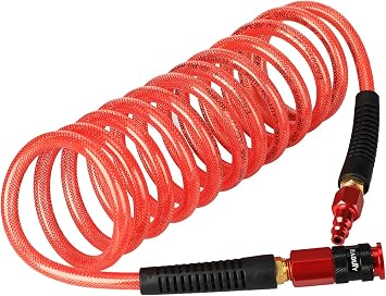Heavy Duty Reinforced Polyurethane Recoil Air Hose 1/4 in x 10 ft, Lightweight, Flexible Compressor Hose with Universal Quick Coupler, Plug and Bend Restrictors, Red